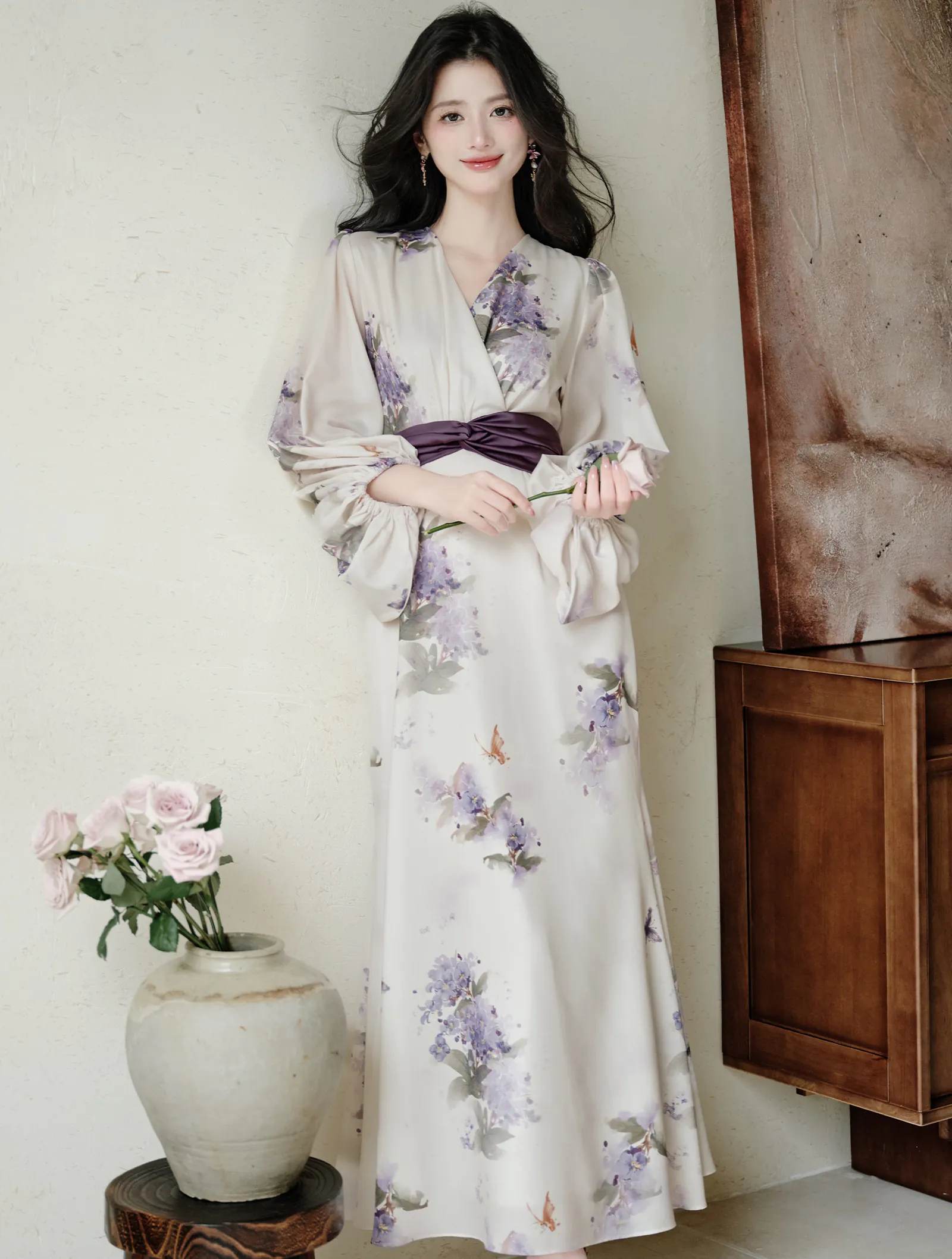 Ethereal Butterfly Lilac Print Bishop Sleeves Wrap Chiffon Casual Dress01