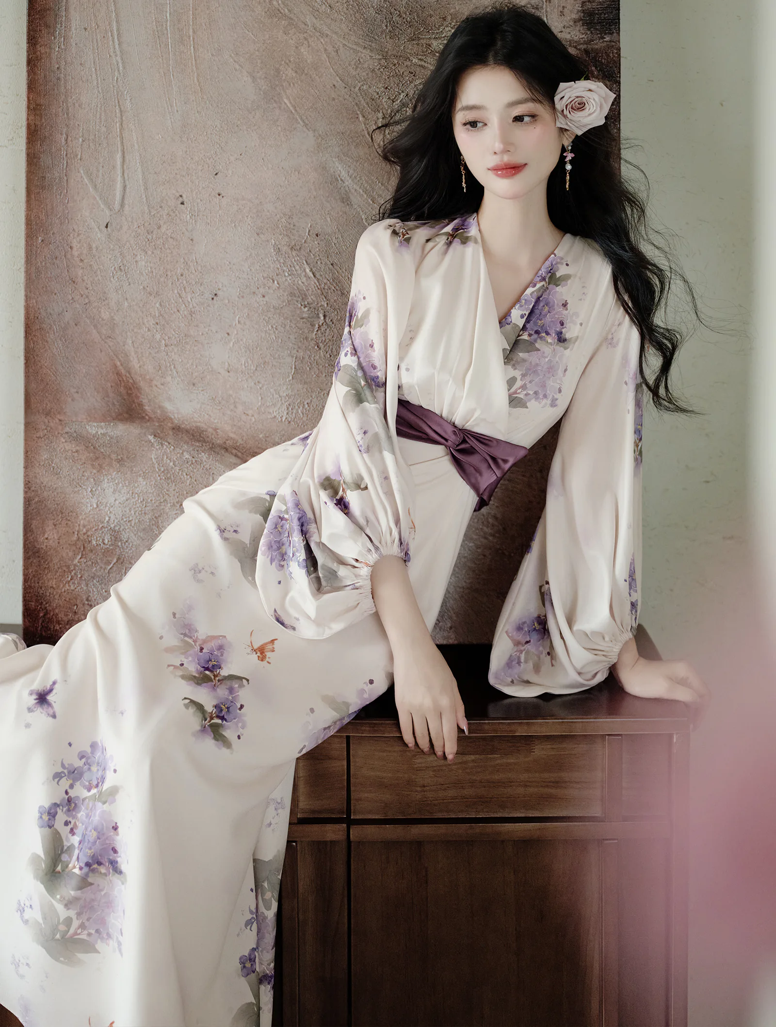 Ethereal Butterfly Lilac Print Bishop Sleeves Wrap Chiffon Casual Dress02