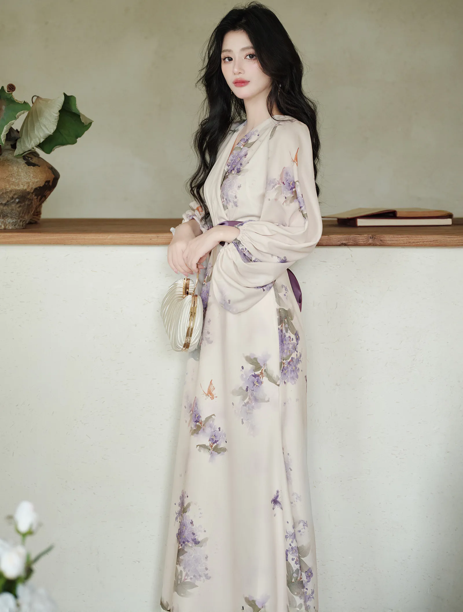 Ethereal Butterfly Lilac Print Bishop Sleeves Wrap Chiffon Casual Dress03 Ethereal Butterfly Lilac Print Bishop Sleeves Wrap Chiffon Casual Dress03