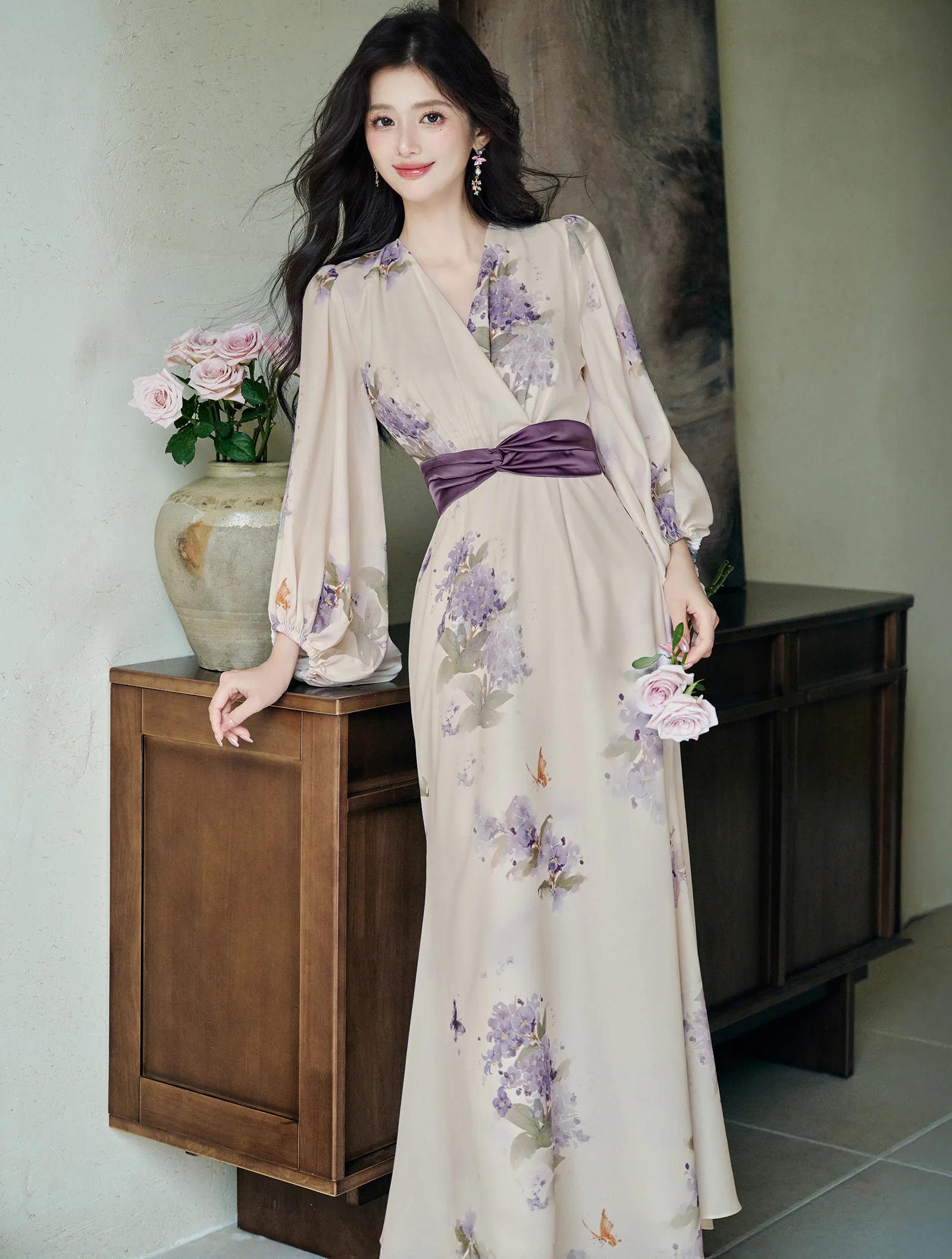 Ethereal Butterfly Lilac Print Bishop Sleeves Wrap Chiffon Casual Dress04 Ethereal Butterfly Lilac Print Bishop Sleeves Wrap Chiffon Casual Dress04