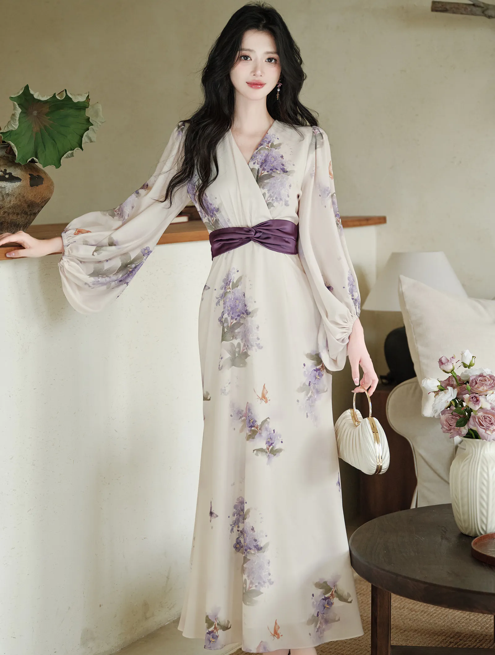 Ethereal Butterfly Lilac Print Bishop Sleeves Wrap Chiffon Casual Dress05 Ethereal Butterfly Lilac Print Bishop Sleeves Wrap Chiffon Casual Dress05