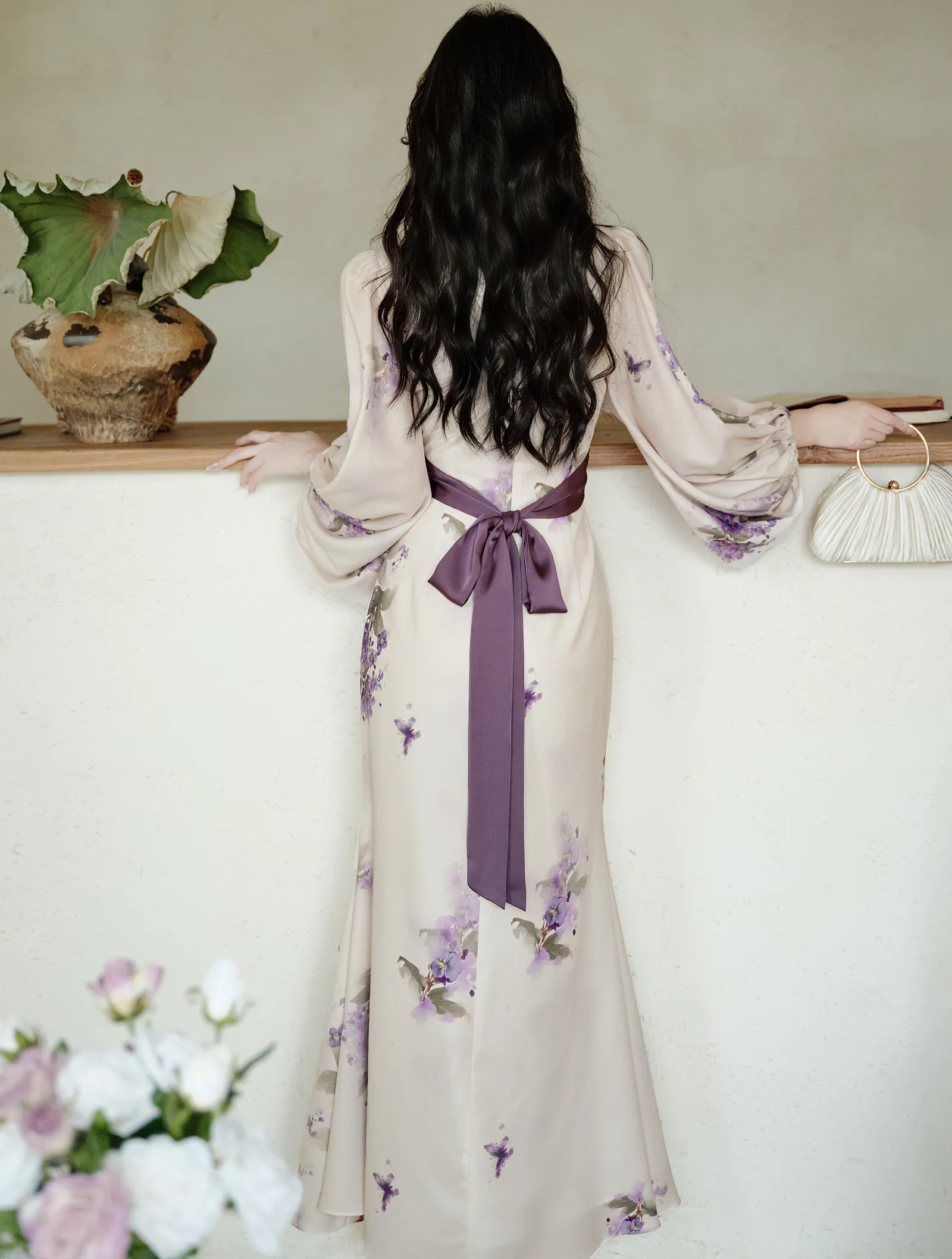 Ethereal Butterfly Lilac Print Bishop Sleeves Wrap Chiffon Casual Dress06 Ethereal Butterfly Lilac Print Bishop Sleeves Wrap Chiffon Casual Dress06