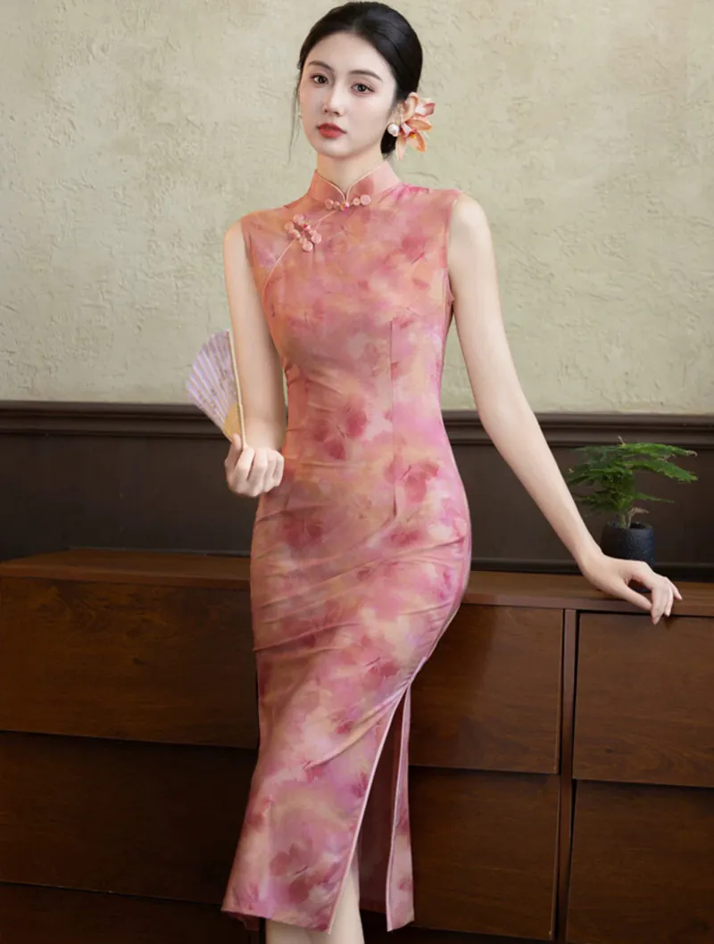 Ethereal Watercolor Blush Peach Pink Tie Dye Butterfly Print Qipao Dress01