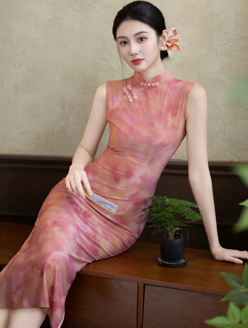 Ethereal Watercolor Blush Peach Pink Tie Dye Butterfly Print Qipao Dress02