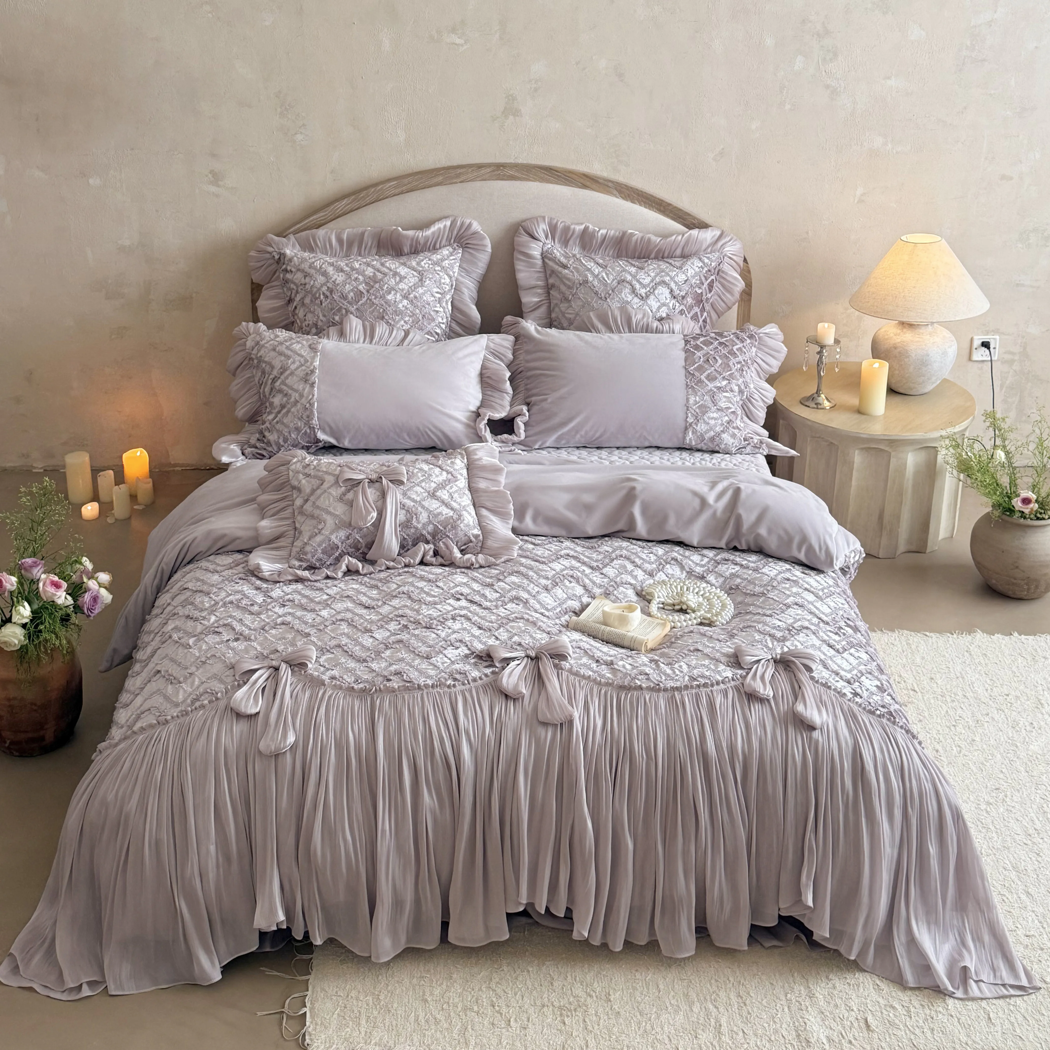 European Haute Couture Crinkle Pleated Matte Fleece Velvet Bedspread Set01