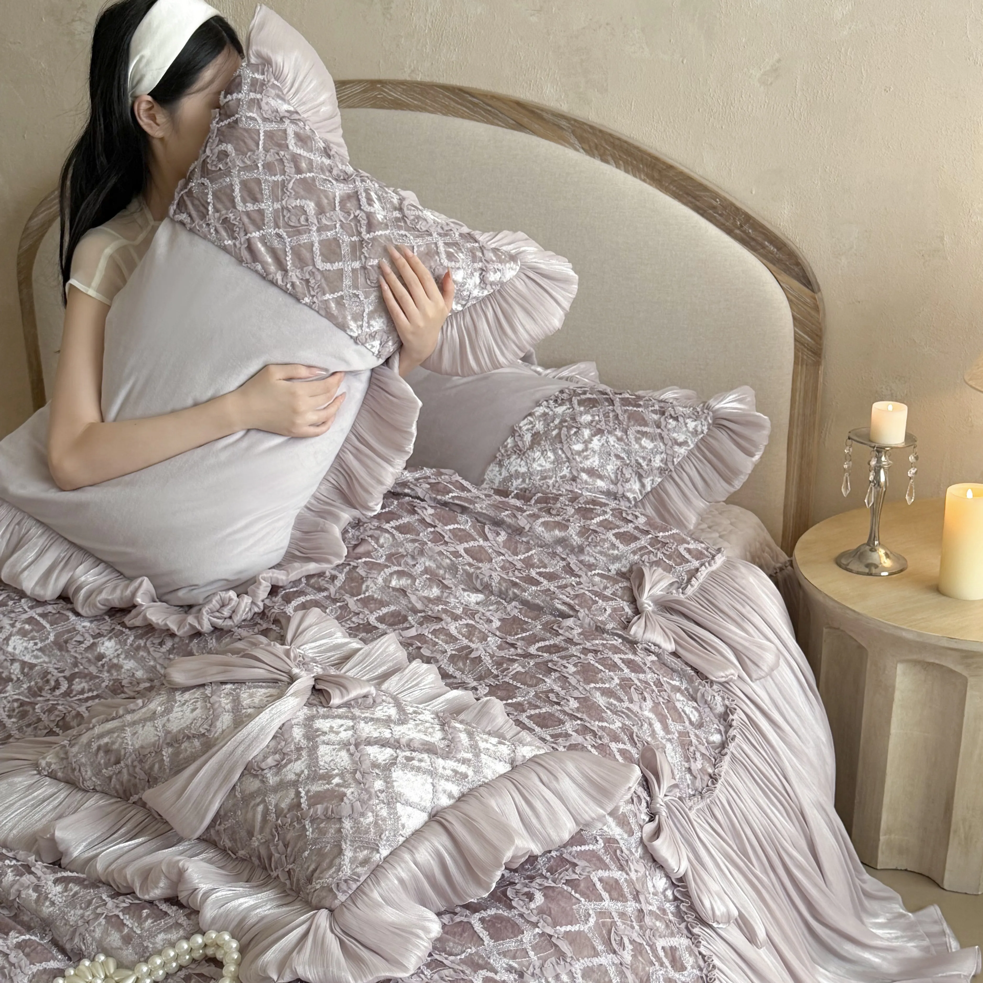 European Haute Couture Crinkle Pleated Matte Fleece Velvet Bedspread Set05 European Haute Couture Crinkle Pleated Matte Fleece Velvet Bedspread Set05