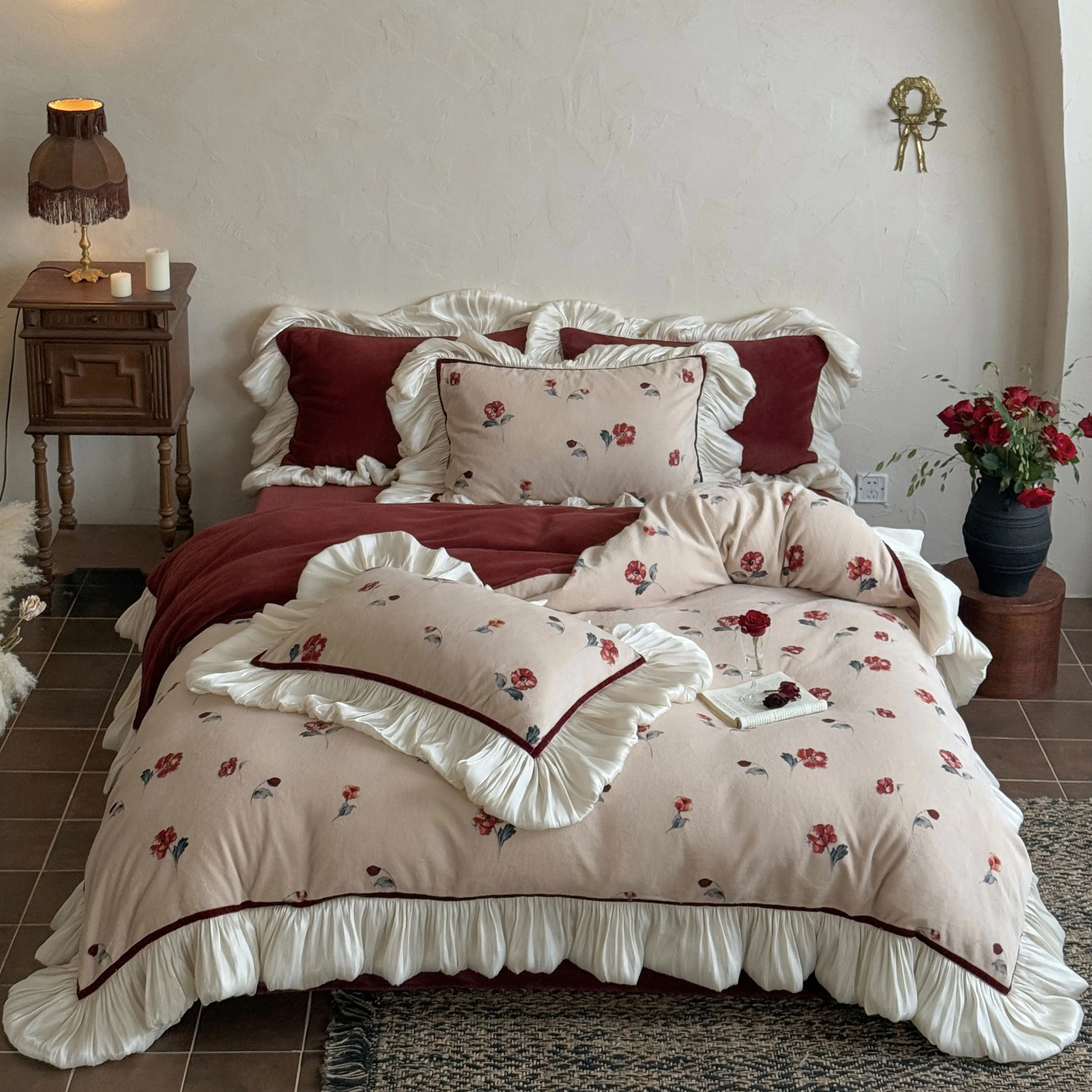 French Retro Floral Matte Milk Fleece Ruffle Warm Winter Comforter Cover Set01