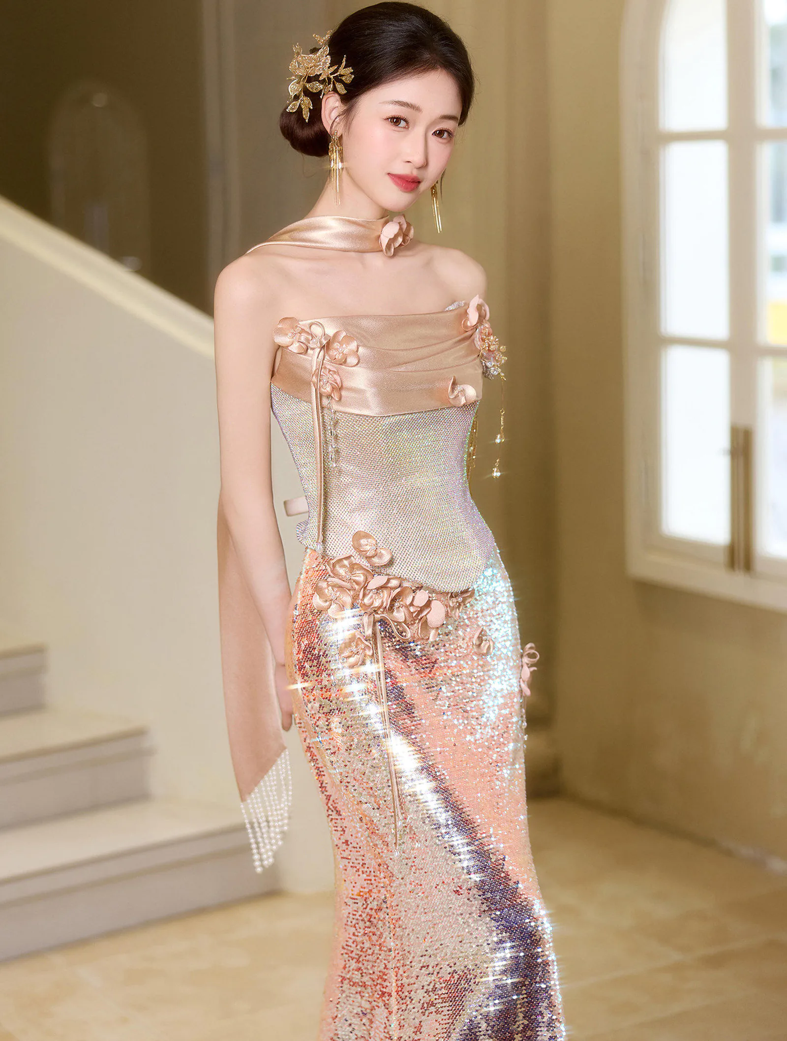 Glamorous Rose Gold Shimmer Ombre Sequin Mermaid Strapless Formal Gown02