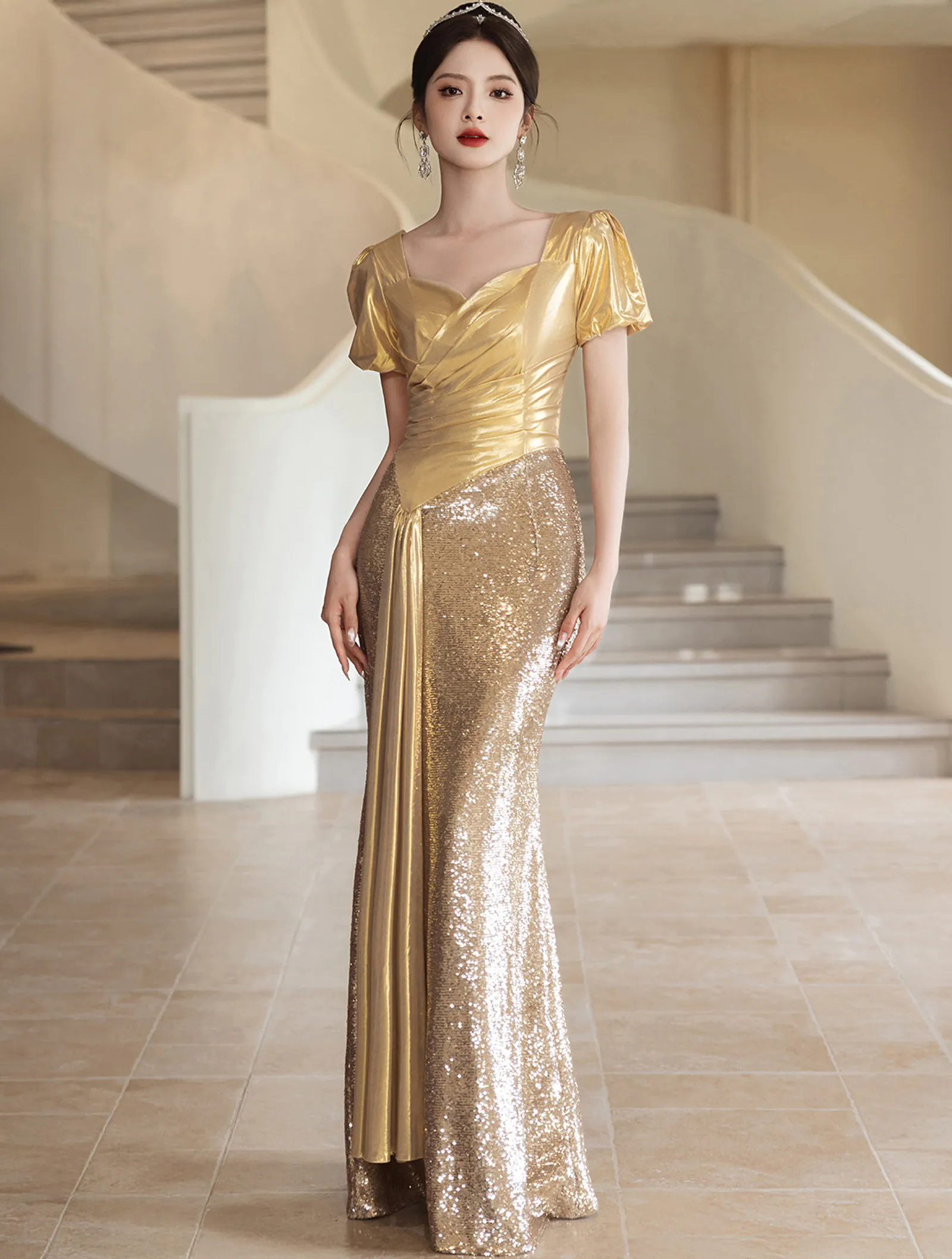 Gold Glitter Sequin Asymmetrical Waist Spliced Mermaid Trumpet Evening Dress01