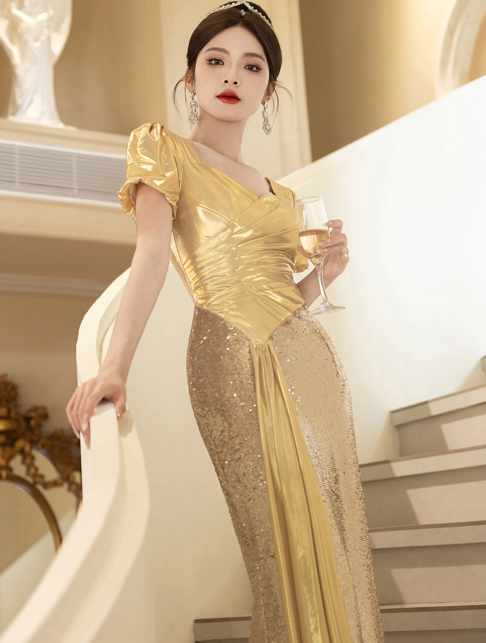 Gold Glitter Sequin Asymmetrical Waist Spliced Mermaid Trumpet Evening Dress05 Gold Glitter Sequin Asymmetrical Waist Spliced Mermaid Trumpet Evening Dress05