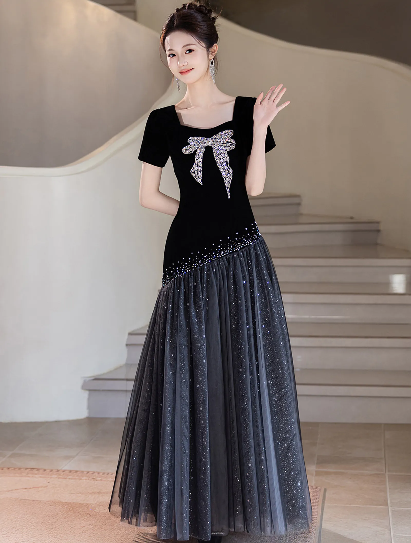 Hepburn Style Black Velvet Short Sleeve Evening Dress with Rhinestone Bow01