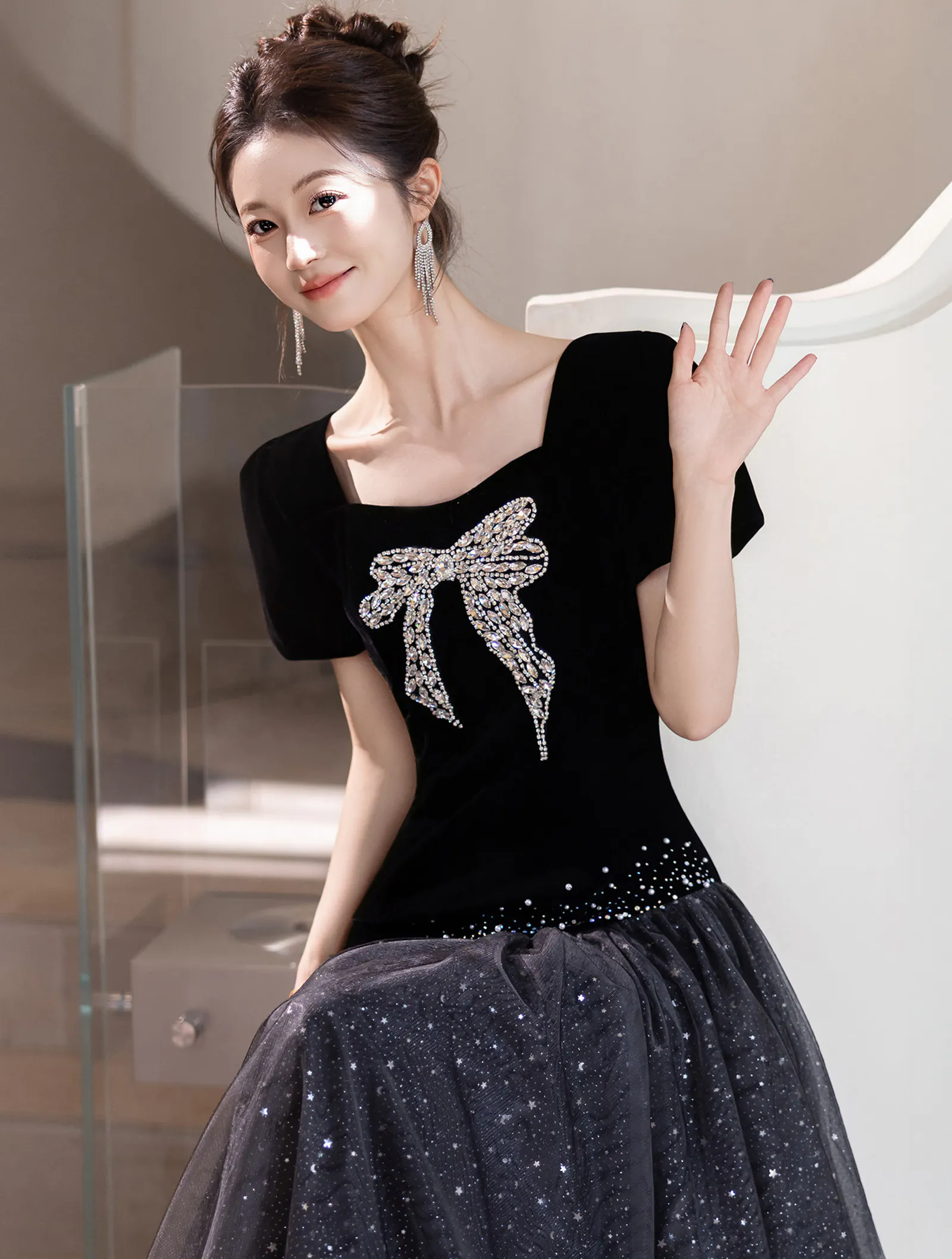 Hepburn Style Black Velvet Short Sleeve Evening Dress with Rhinestone Bow02