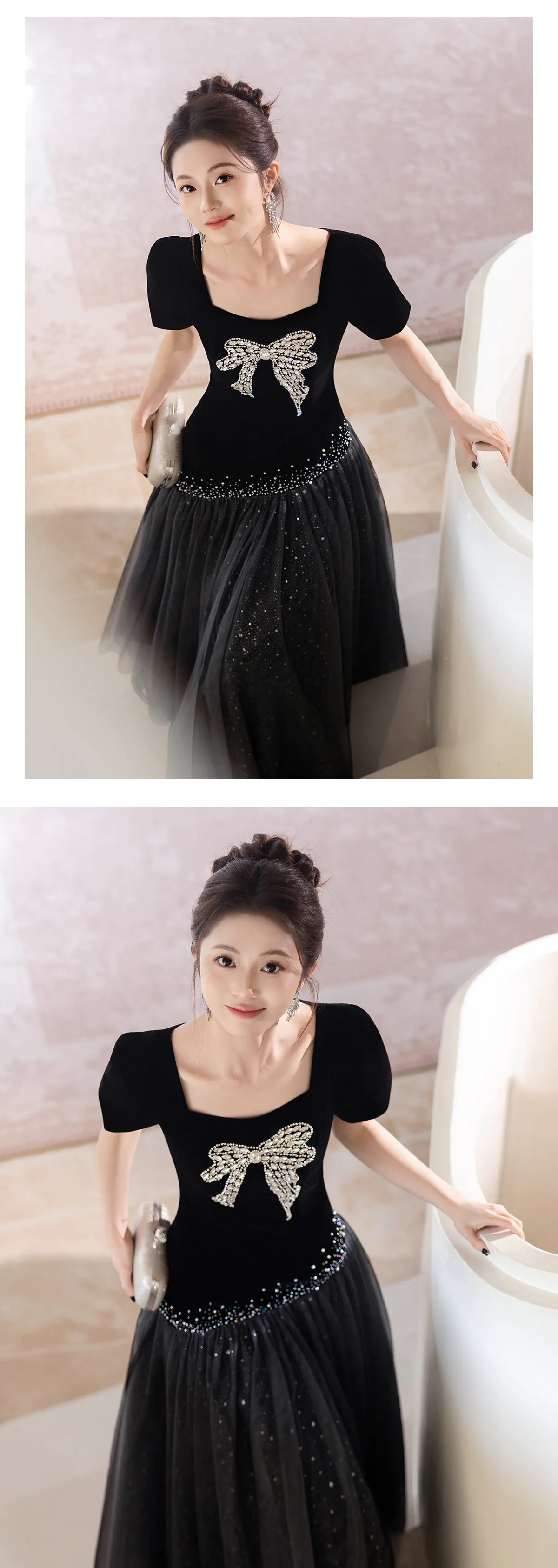 Hepburn-Style-Black-Velvet-Short-Sleeve-Evening-Dress-with-Rhinestone-Bow12