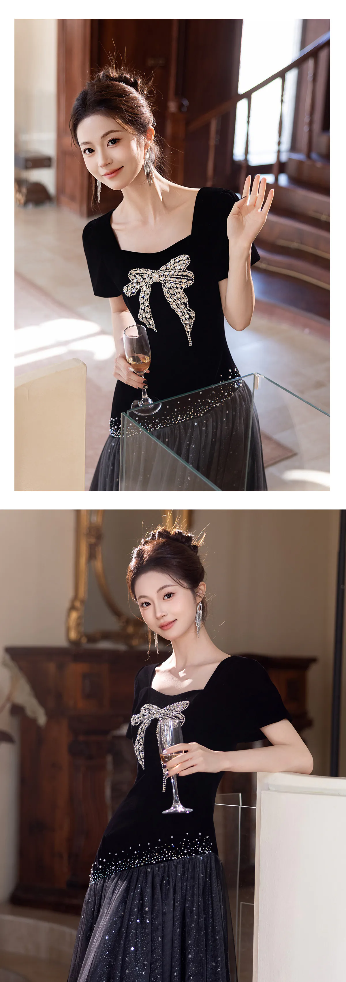 Hepburn-Style-Black-Velvet-Short-Sleeve-Evening-Dress-with-Rhinestone-Bow13