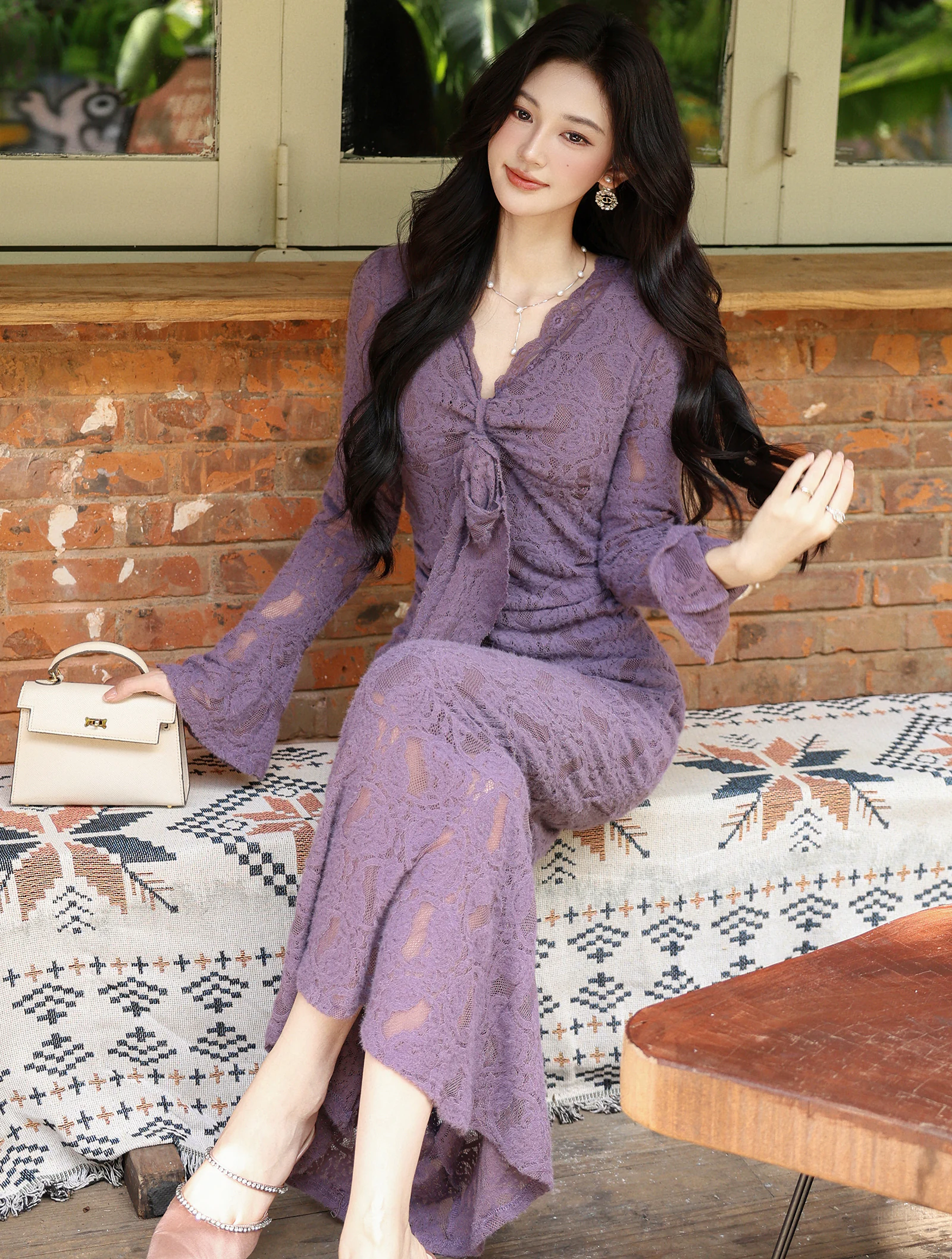 Lavender Lilac Sheer Floral Lace V Neck Long Flare Sleeve Bodycon Dress02