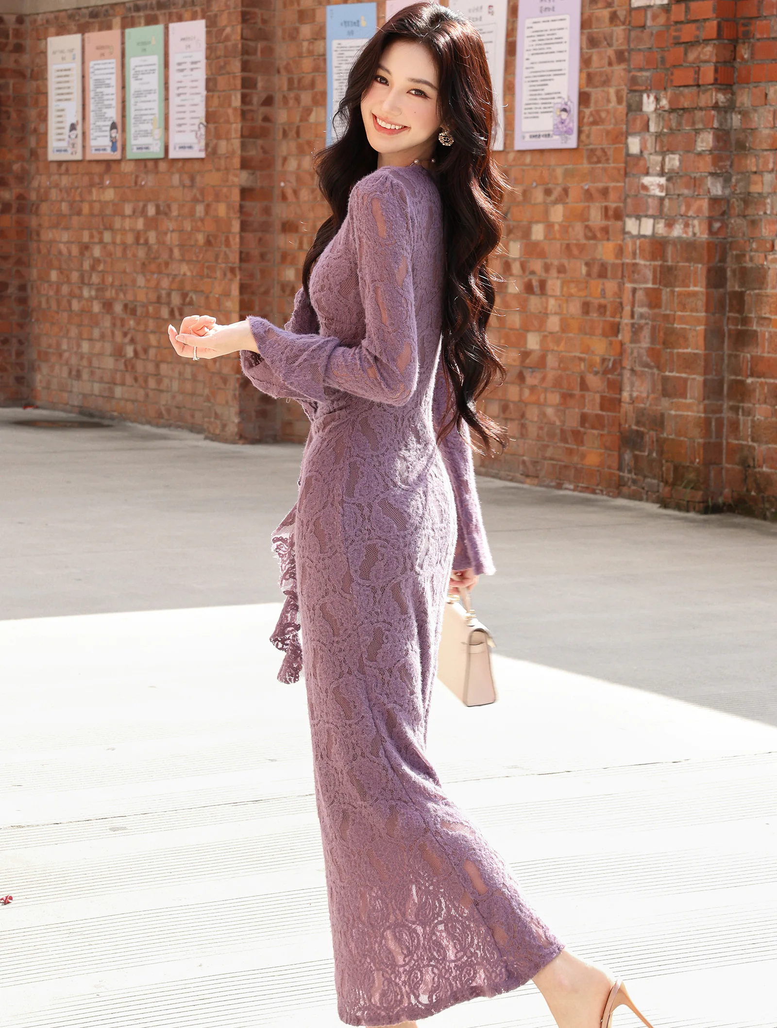 Lavender Lilac Sheer Floral Lace V-Neck Long Flare Sleeve Bodycon Dress03 Lavender Lilac Sheer Floral Lace V Neck Long Flare Sleeve Bodycon Dress03