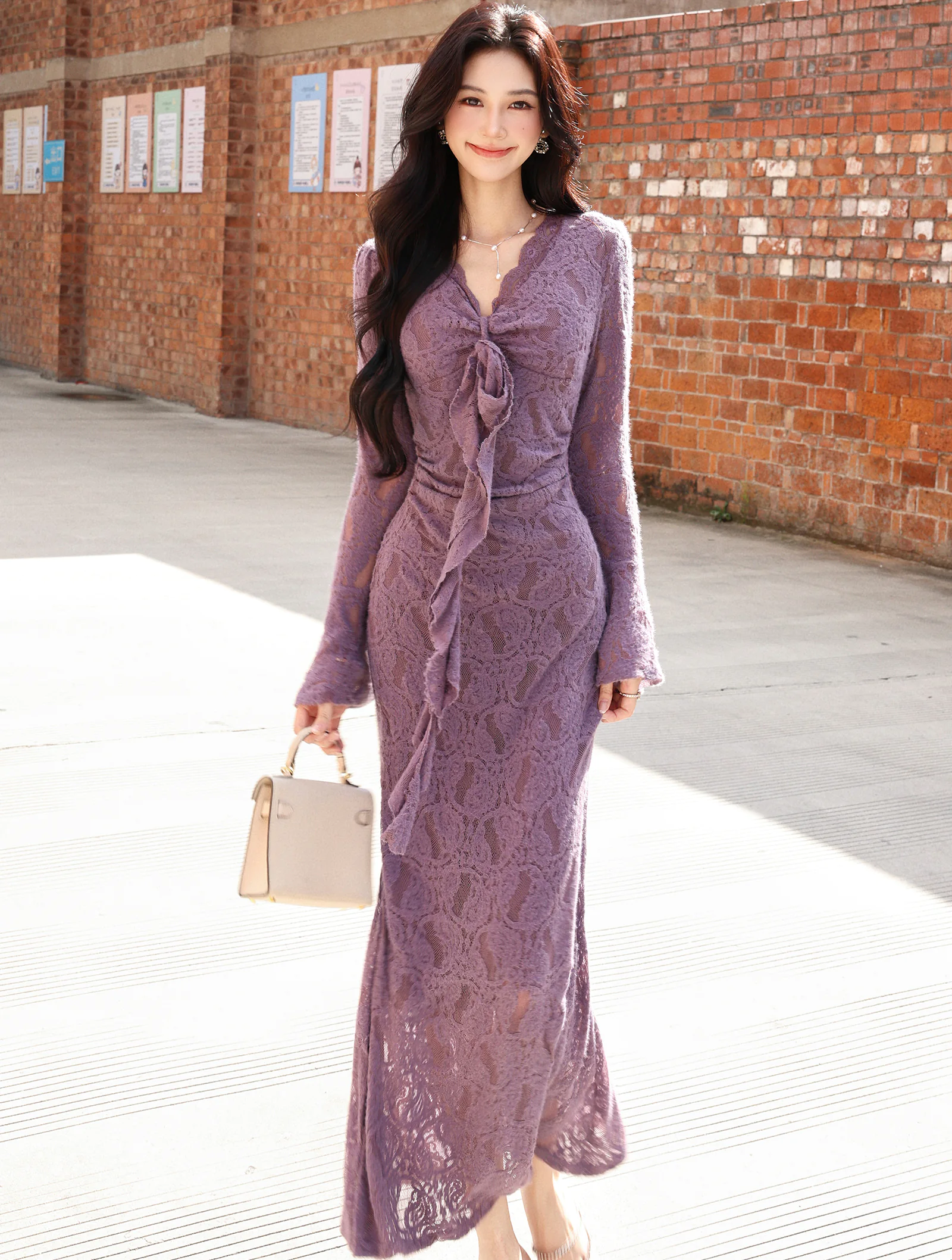 Lavender Lilac Sheer Floral Lace V-Neck Long Flare Sleeve Bodycon Dress05 Lavender Lilac Sheer Floral Lace V Neck Long Flare Sleeve Bodycon Dress05