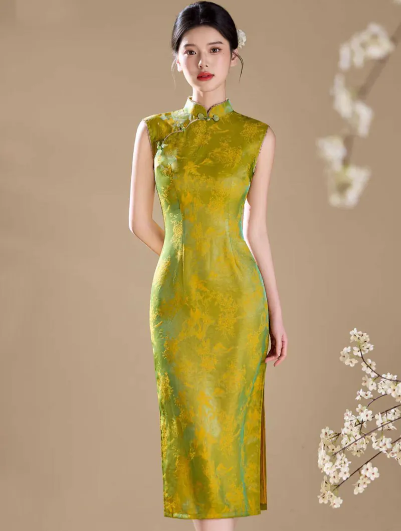 Luminous Modern Oriental Iridescent Green Floral Jacquard Cheongsam Dress01