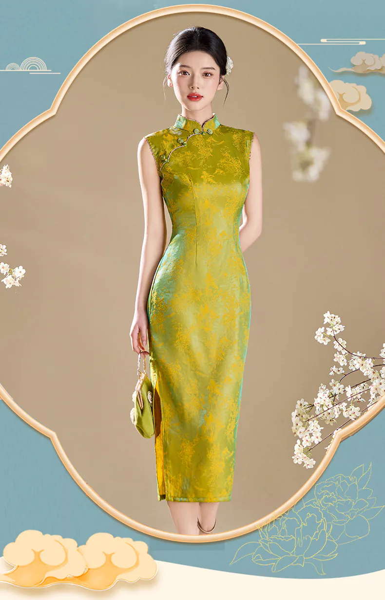 Luminous-Modern-Oriental-Iridescent-Green-Floral-Jacquard-Cheongsam-Dress07