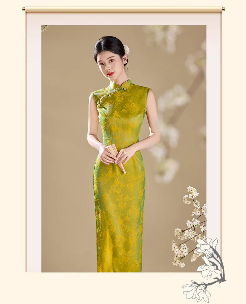 Luminous-Modern-Oriental-Iridescent-Green-Floral-Jacquard-Cheongsam-Dress08