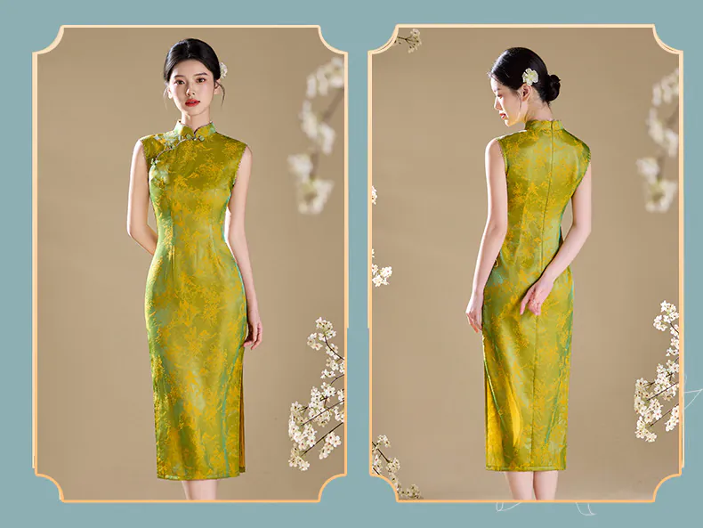 Luminous-Modern-Oriental-Iridescent-Green-Floral-Jacquard-Cheongsam-Dress10