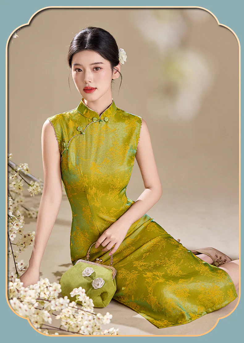 Luminous-Modern-Oriental-Iridescent-Green-Floral-Jacquard-Cheongsam-Dress11