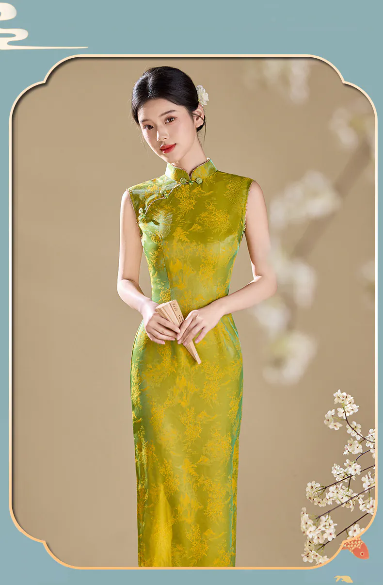 Luminous-Modern-Oriental-Iridescent-Green-Floral-Jacquard-Cheongsam-Dress12