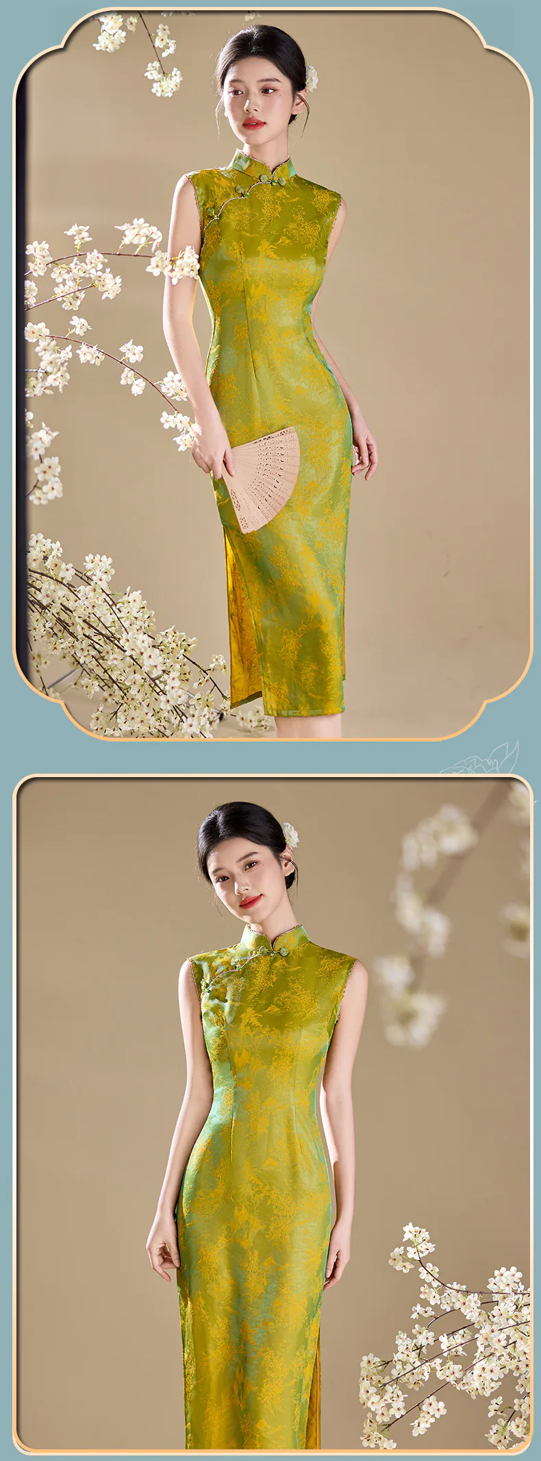 Luminous-Modern-Oriental-Iridescent-Green-Floral-Jacquard-Cheongsam-Dress13
