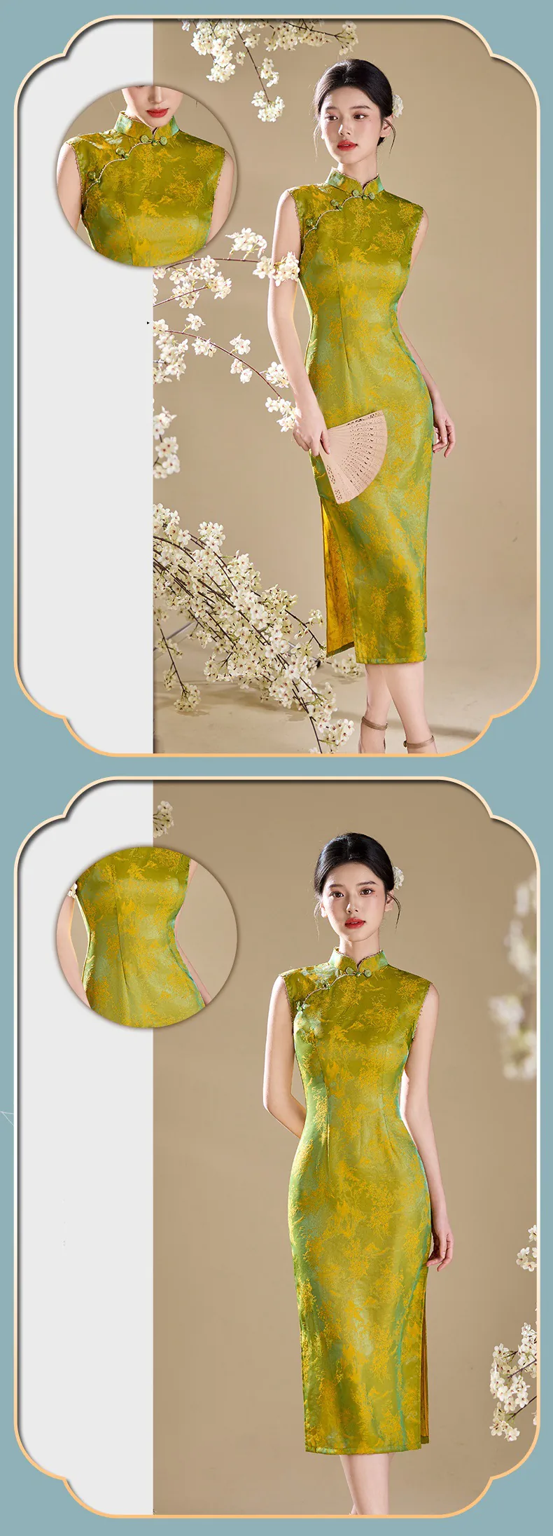 Luminous-Modern-Oriental-Iridescent-Green-Floral-Jacquard-Cheongsam-Dress15