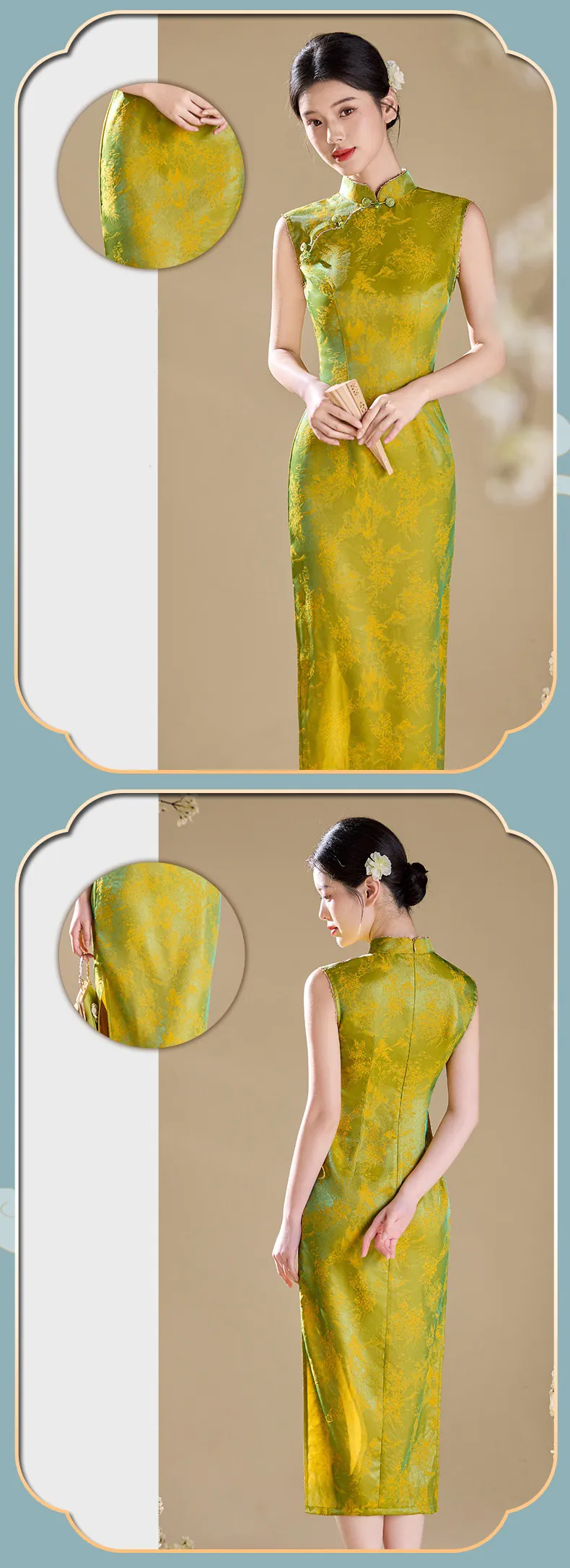 Luminous-Modern-Oriental-Iridescent-Green-Floral-Jacquard-Cheongsam-Dress16