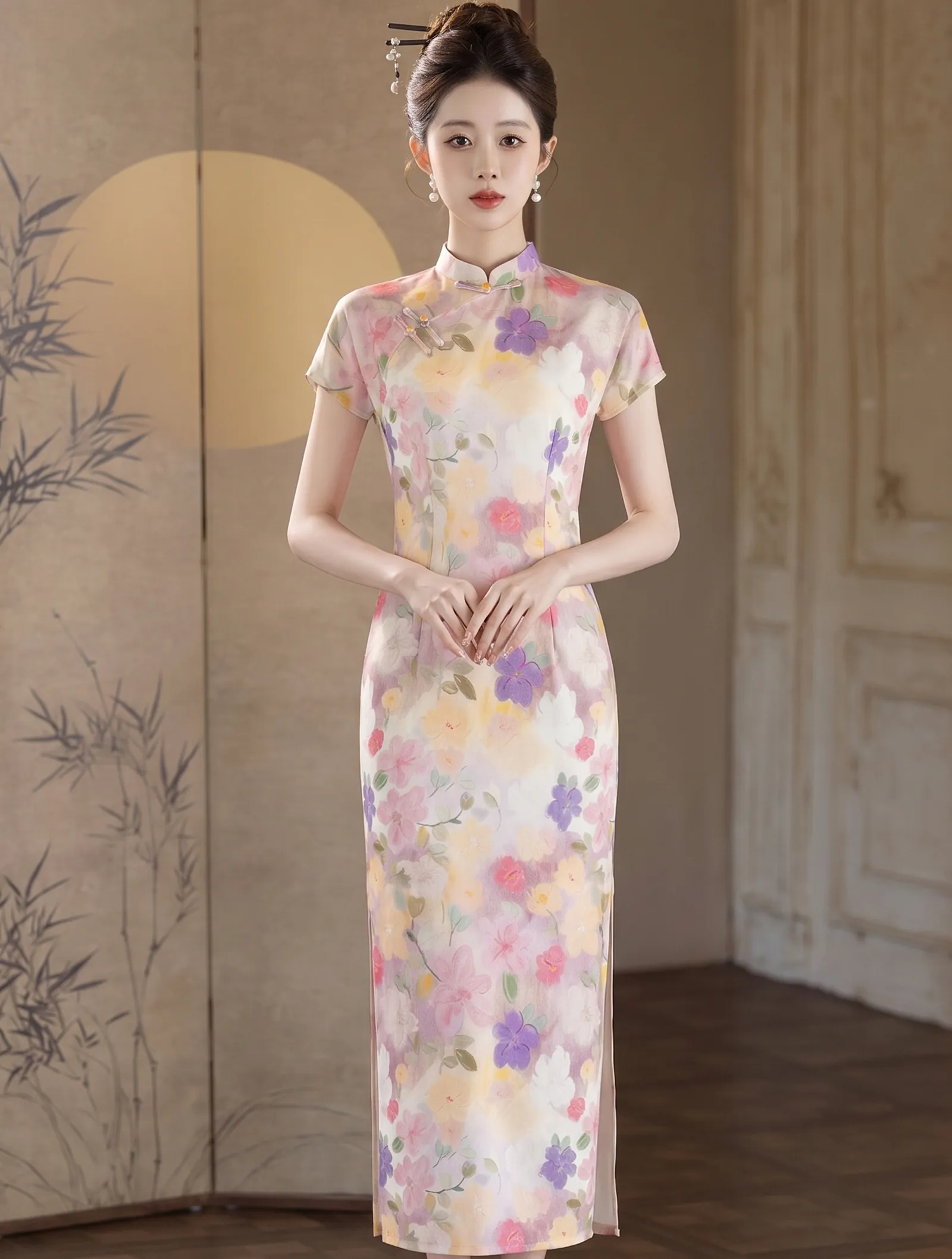Modern Soft Blush Pink Floral Mandarin Collar Cap Sleeves Qipao Dress01