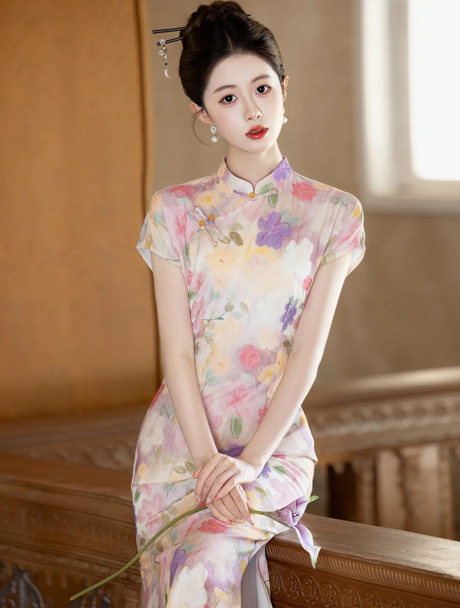 Modern Soft Blush Pink Floral Mandarin Collar Cap Sleeves Qipao Dress02