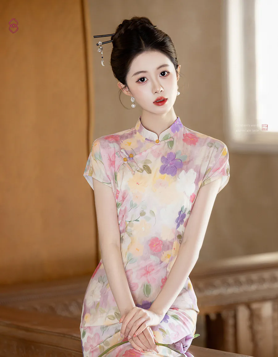 Modern-Soft-Blush-Pink-Floral-Mandarin-Collar-Cap-Sleeves-Qipao-Dress07