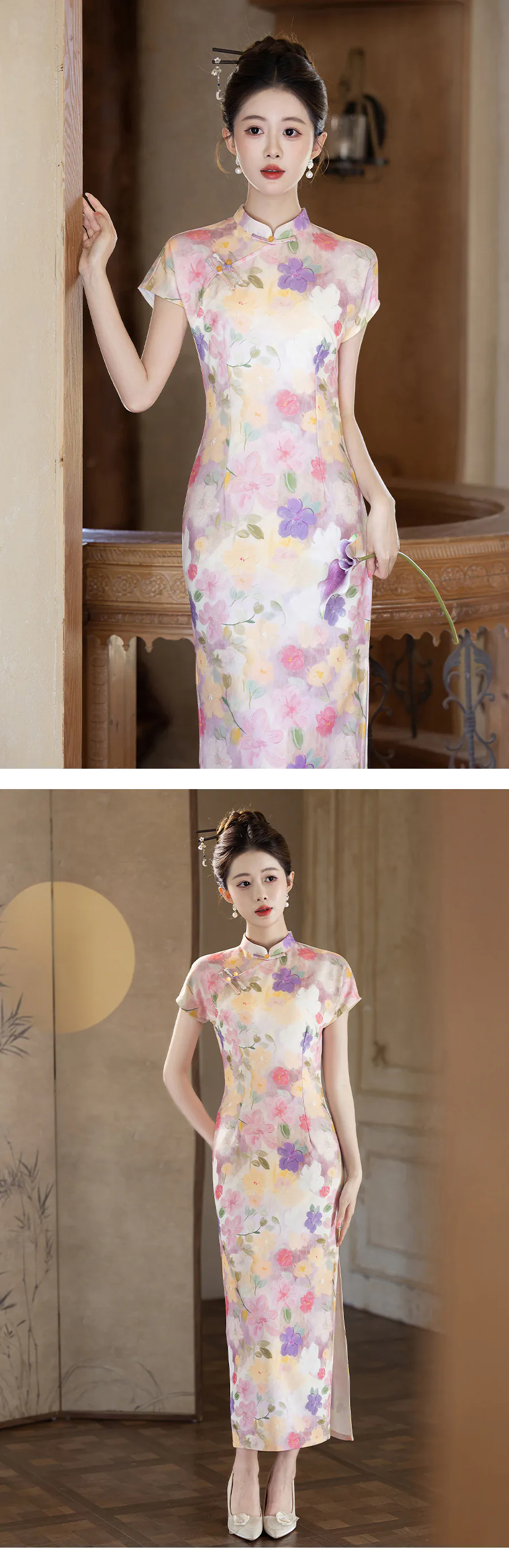 Modern-Soft-Blush-Pink-Floral-Mandarin-Collar-Cap-Sleeves-Qipao-Dress10