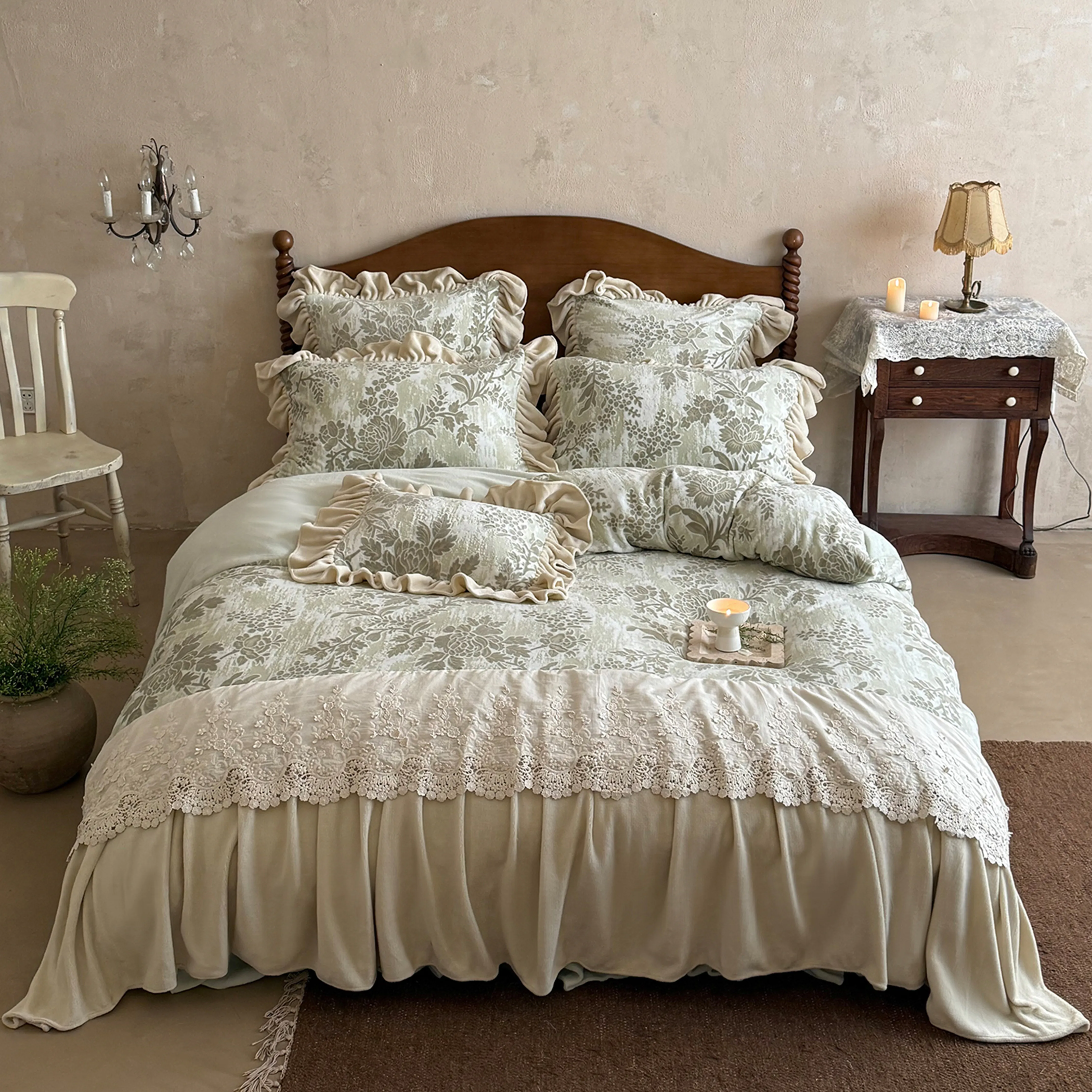 Pastoral Sage Green Floral Carved 260g Velvet Warm Plush Duvet Cover Set01