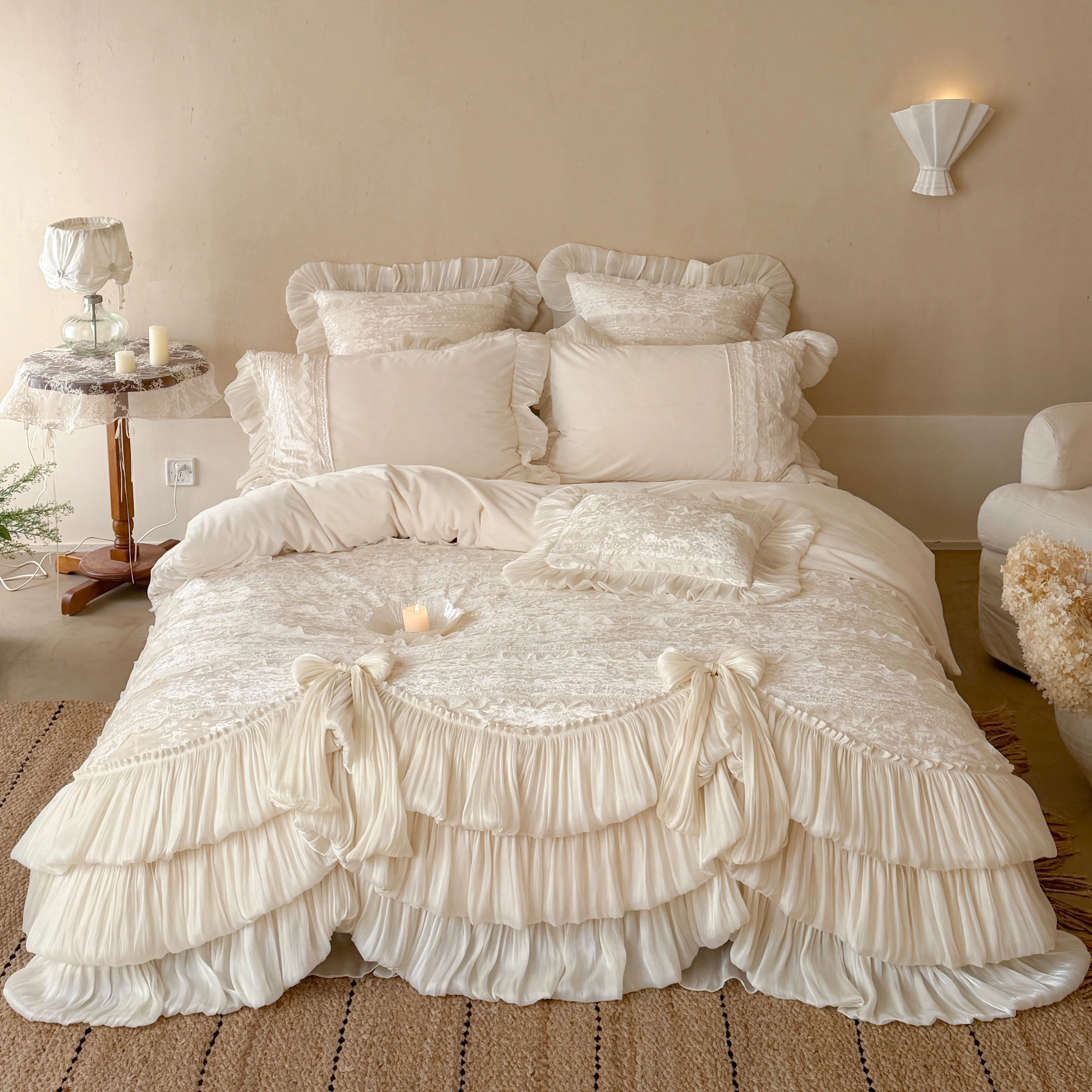 Princess Baby Velvet Tiered Pleated Skirt Hem Duvet Cover Set Bedroom Decor01