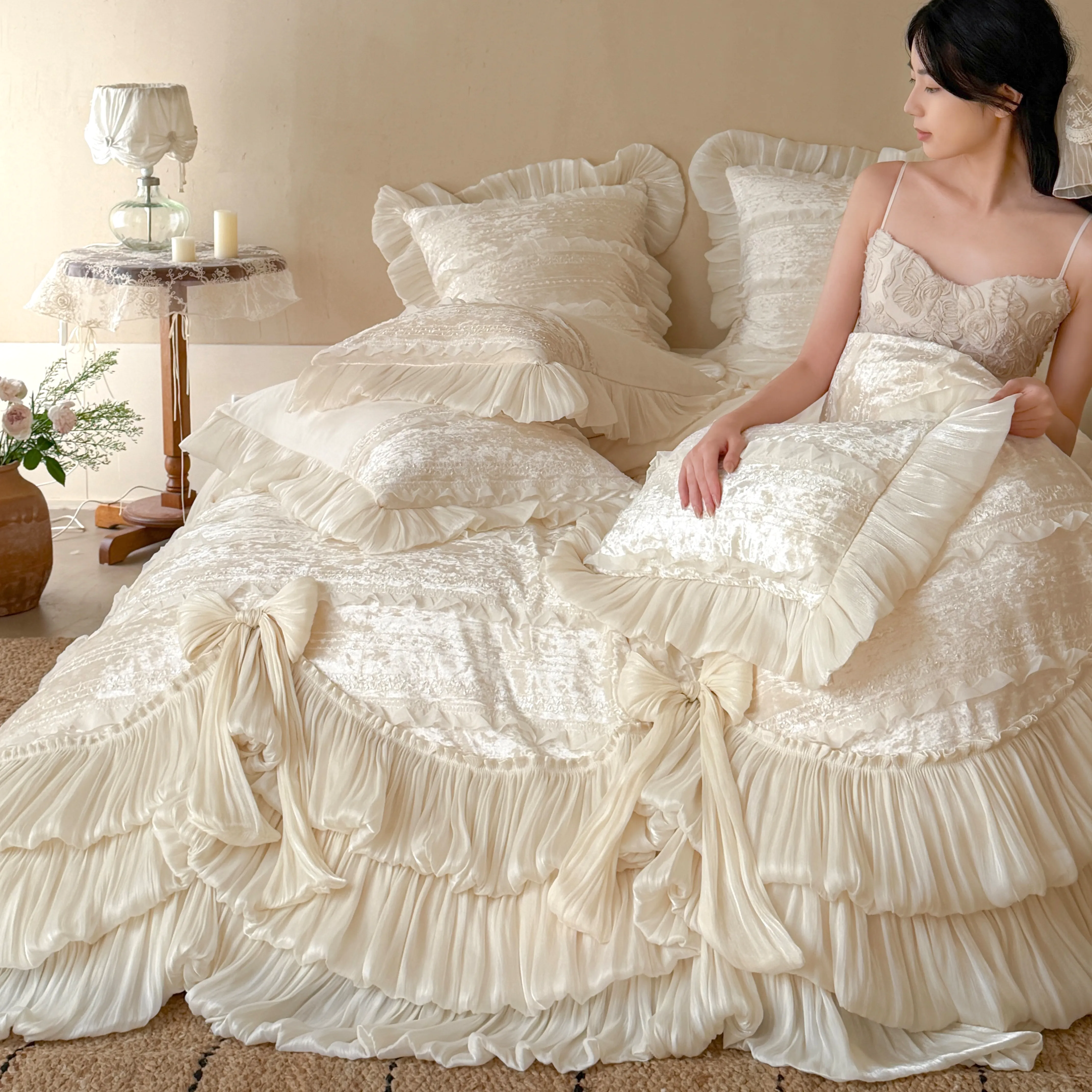 Princess Baby Velvet Tiered Pleated Skirt Hem Duvet Cover Set Bedroom Decor02