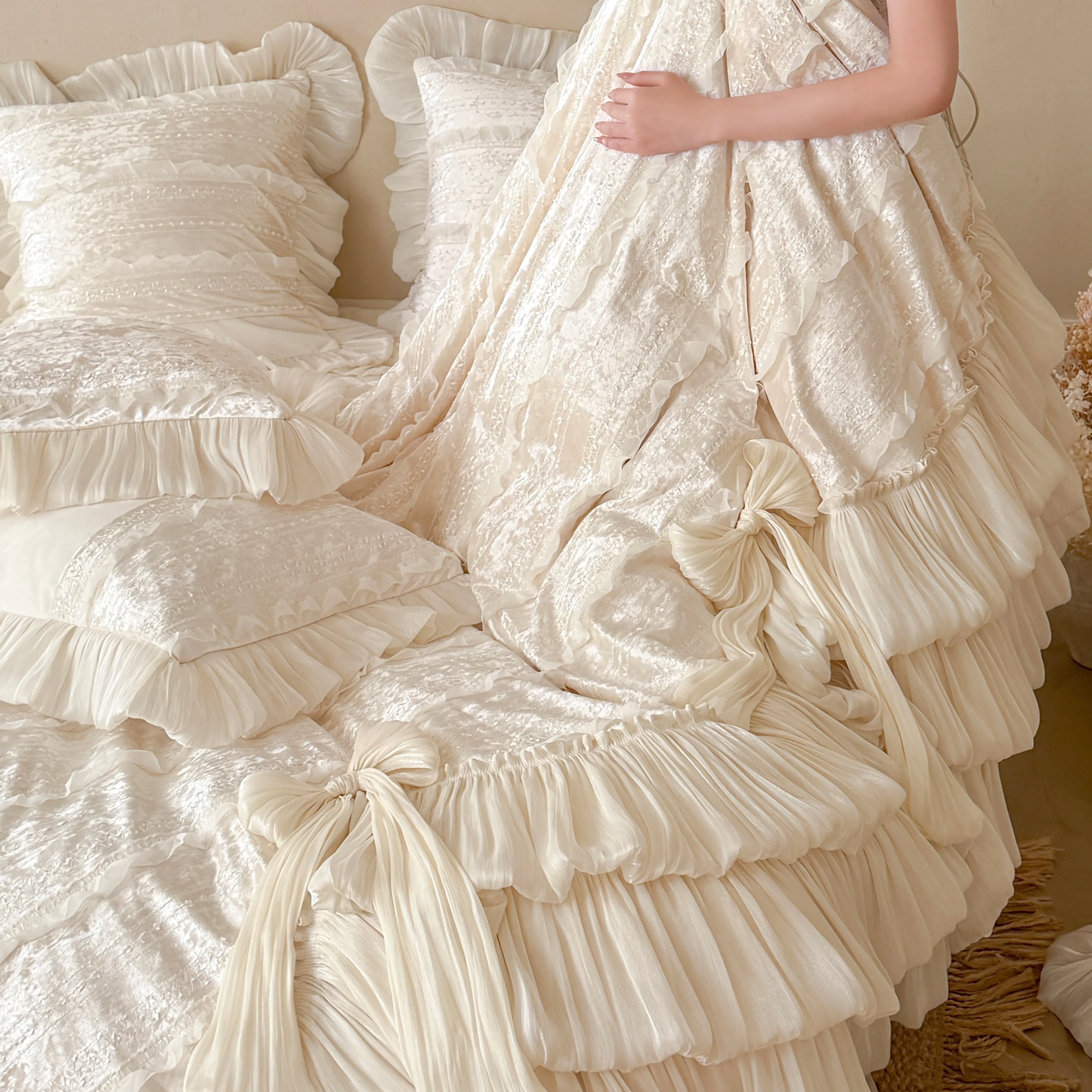 Princess Baby Velvet Tiered Pleated Skirt Hem Duvet Cover Set Bedroom Decor05 Princess Baby Velvet Tiered Pleated Skirt Hem Duvet Cover Set Bedroom Decor05