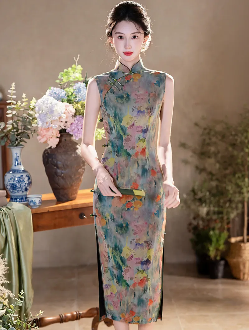 Retro Sage Green Composite Mesh Frog Buttons Coral Floral Qipao Dress01