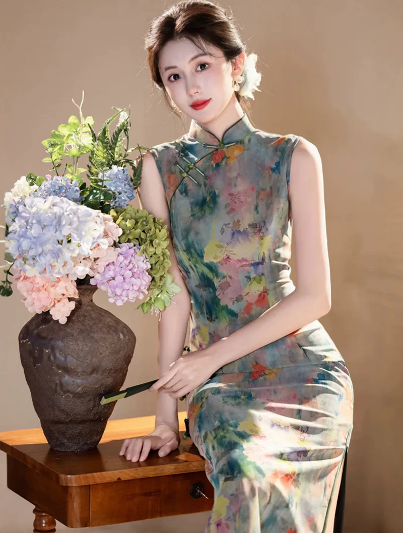 Retro Sage Green Composite Mesh Frog Buttons Coral Floral Qipao Dress02