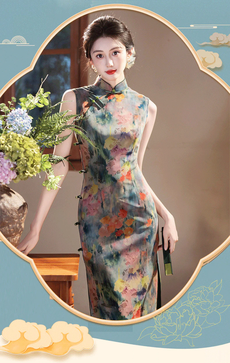 Retro-Sage-Green-Composite-Mesh-Frog-Buttons-Coral-Floral-Qipao-Dress07