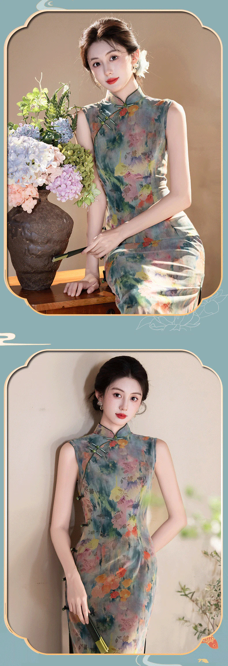 Retro-Sage-Green-Composite-Mesh-Frog-Buttons-Coral-Floral-Qipao-Dress10