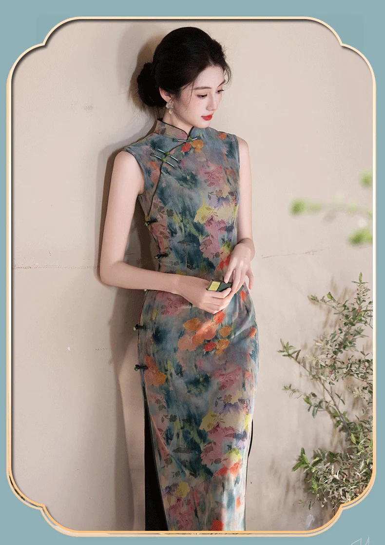 Retro-Sage-Green-Composite-Mesh-Frog-Buttons-Coral-Floral-Qipao-Dress11