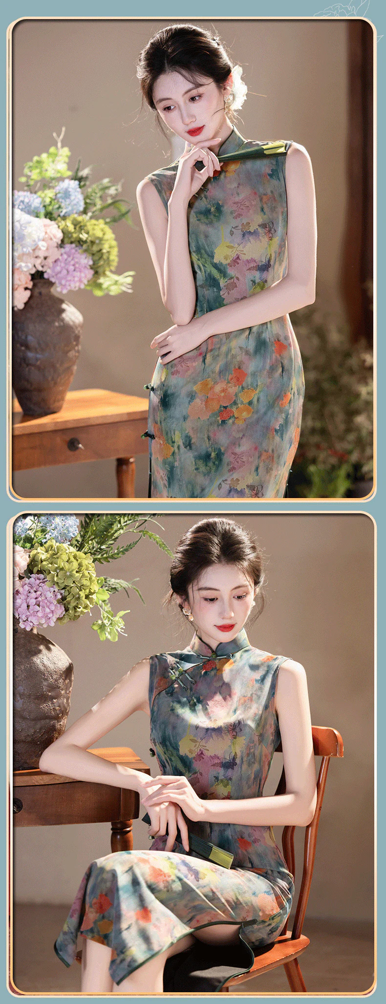 Retro-Sage-Green-Composite-Mesh-Frog-Buttons-Coral-Floral-Qipao-Dress12