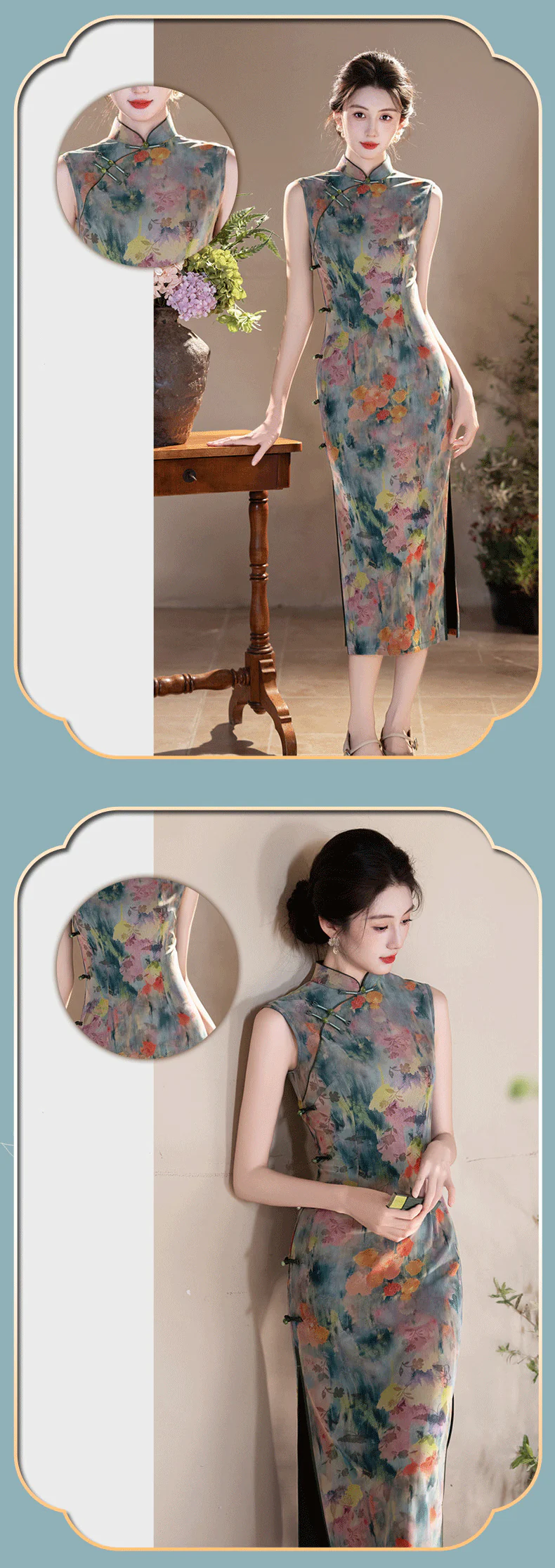 Retro-Sage-Green-Composite-Mesh-Frog-Buttons-Coral-Floral-Qipao-Dress13