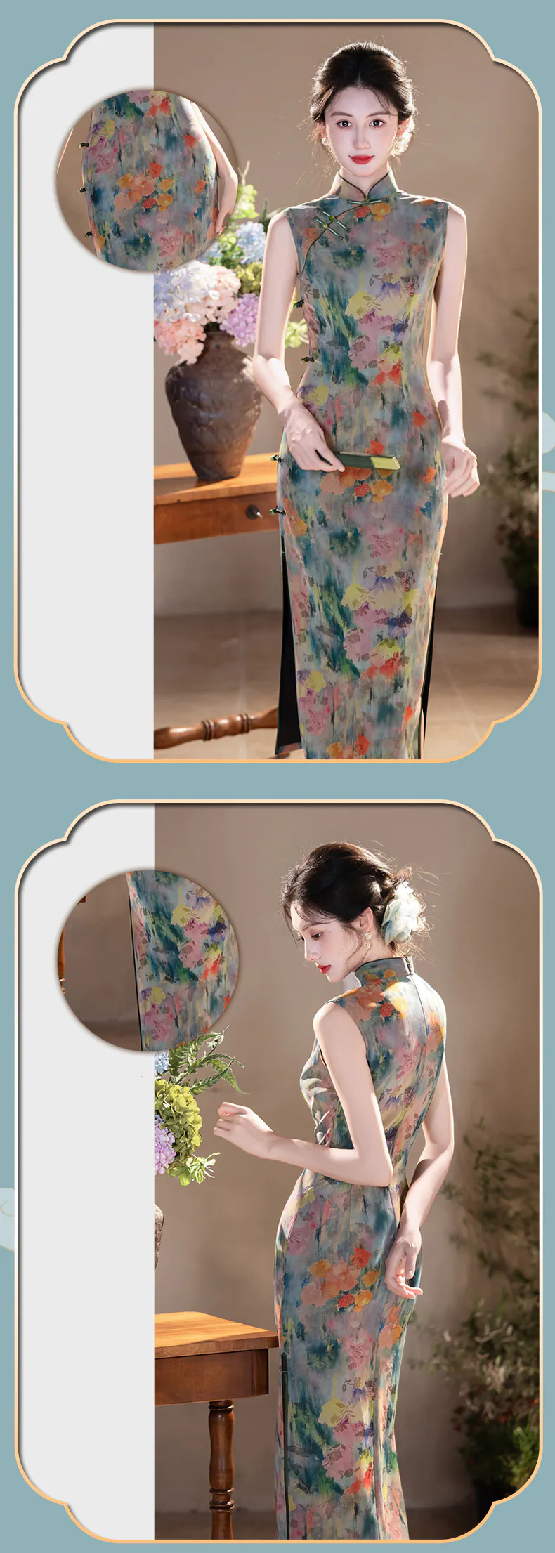 Retro-Sage-Green-Composite-Mesh-Frog-Buttons-Coral-Floral-Qipao-Dress14