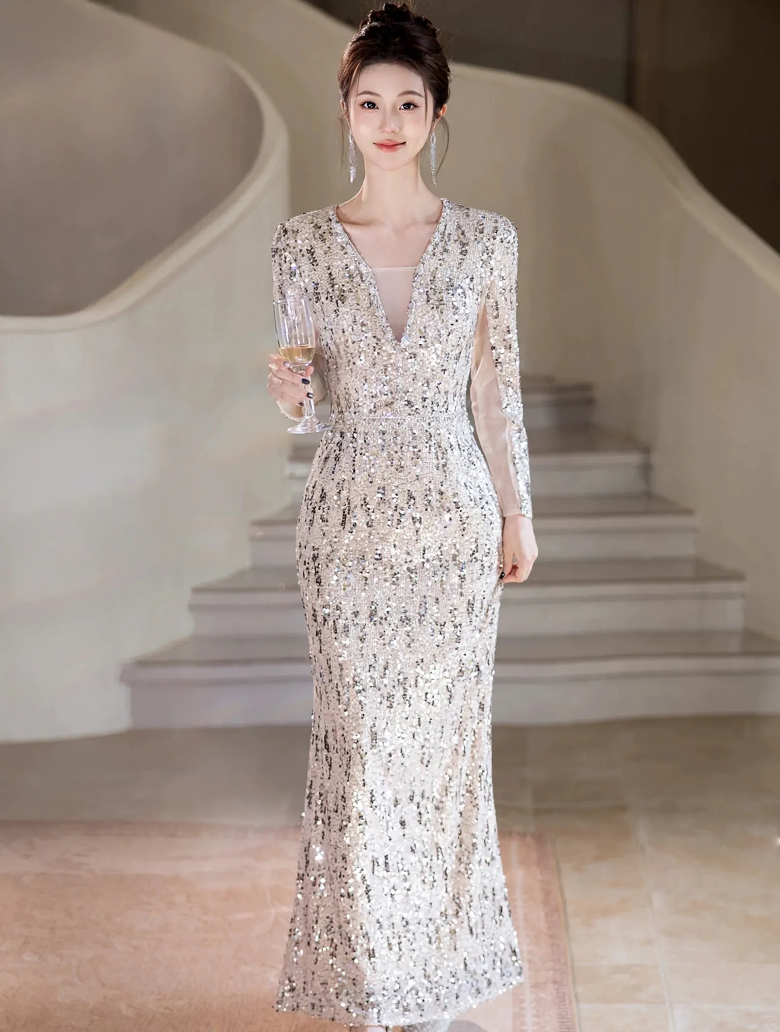 Shimmering Silver Sequin Long Sleeve V Neck Mermaid Evening Gown01