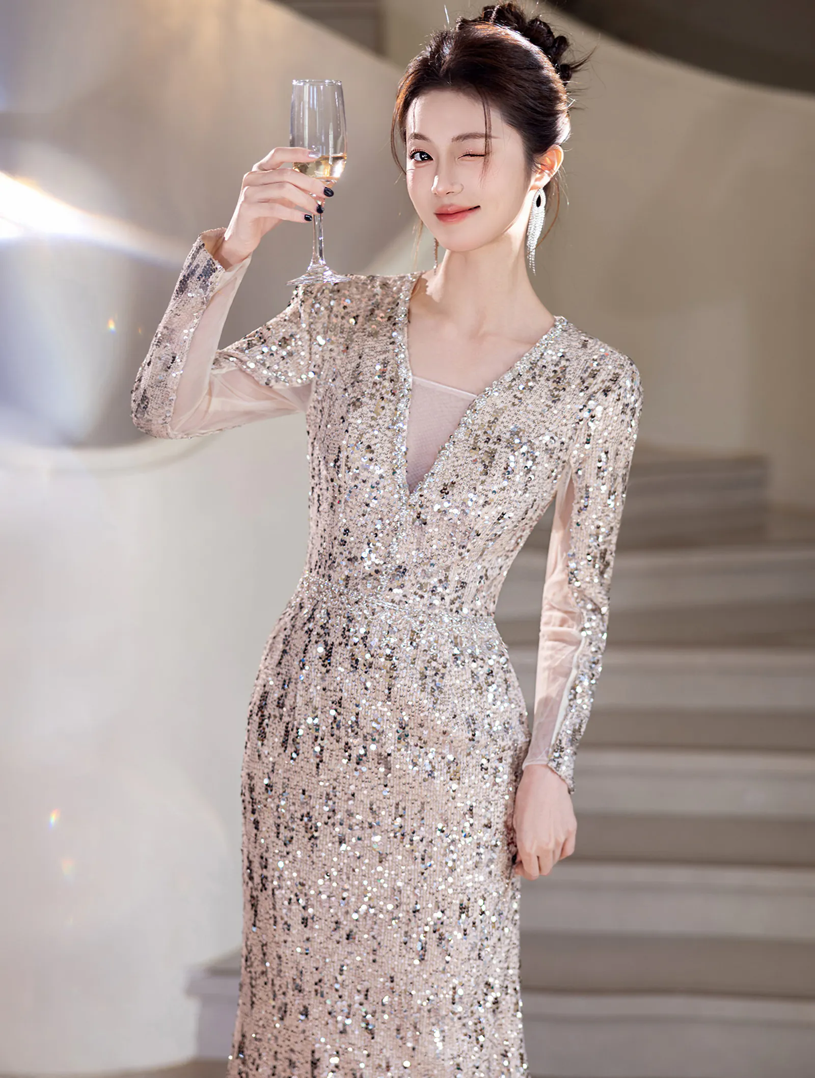 Shimmering Silver Sequin Long Sleeve V Neck Mermaid Evening Gown02