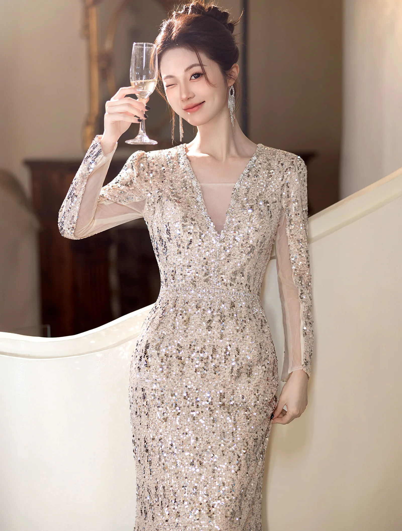 Shimmering Silver Sequin Long Sleeve V-Neck Mermaid Evening Gown04 Shimmering Silver Sequin Long Sleeve V Neck Mermaid Evening Gown04