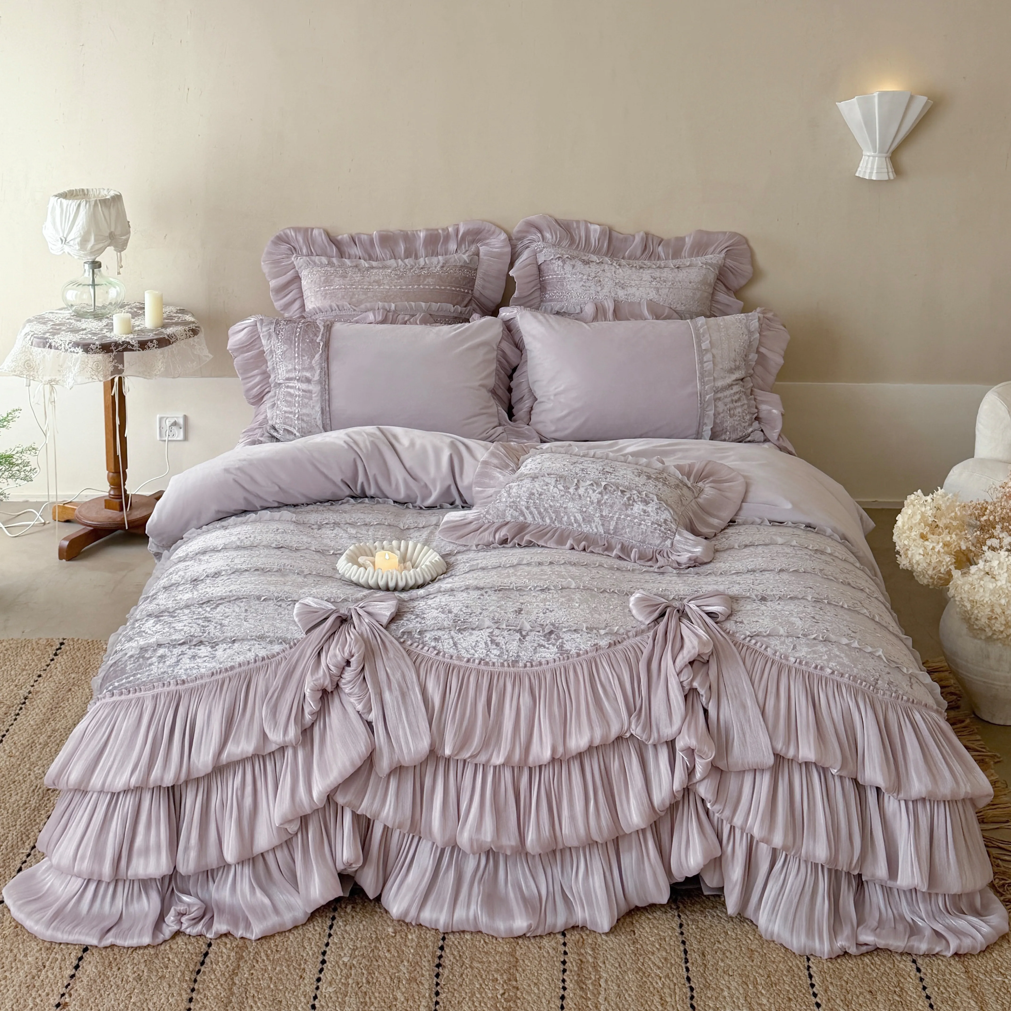 Soft 260g Fully Matte Baby Velvet Ruffle Layered Skirt Hem Bedding Set01